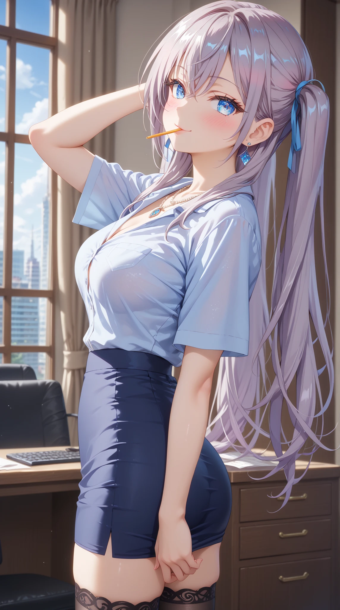 masterpiece, ultra-detailed hair, better lights, better shadows,1girl, yukino, breasts, skirt, silver hair, solo, long hair, large breasts, blue eyes, braid, ass, looking at viewer, braided ponytail, hair ornament, sleeveless, hair flower, black skirt, shirt, indoors, flower, looking back, bangs, bare shoulders, pencil skirt, from the front, window, thighs, mole under eye, sleeveless shirt, pink shirt, blush, bare arms, office lady, very long hair, plant, contemporary, parted lips, miniskirt, single braid, closed mouth, purple flower, pantylines, ribbed shirt,