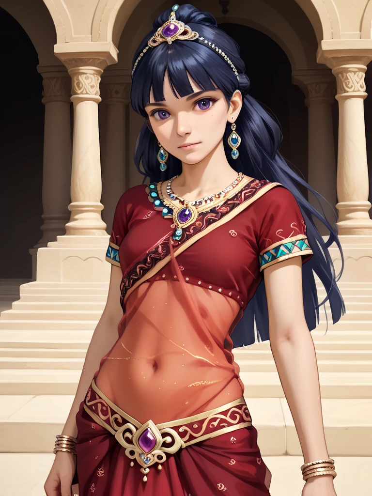 high quality, (realistic, real anatomy: 1.5), (high quality: 1.5), xmusax, 1girl, mature eyes, Young woman, mature, dark blue hair, purple eyes, blunt bangs, long hair, real life, saree, mature anatomy, anime, red saree, (indian dress, jewellry, ornaments, short sleeves, indian gown, indian clothes, transparent belly, : 1.4), slim body, slender body, standing, looking at viewer, Saree, (COLOR saree), indian saree, midriff, blouse