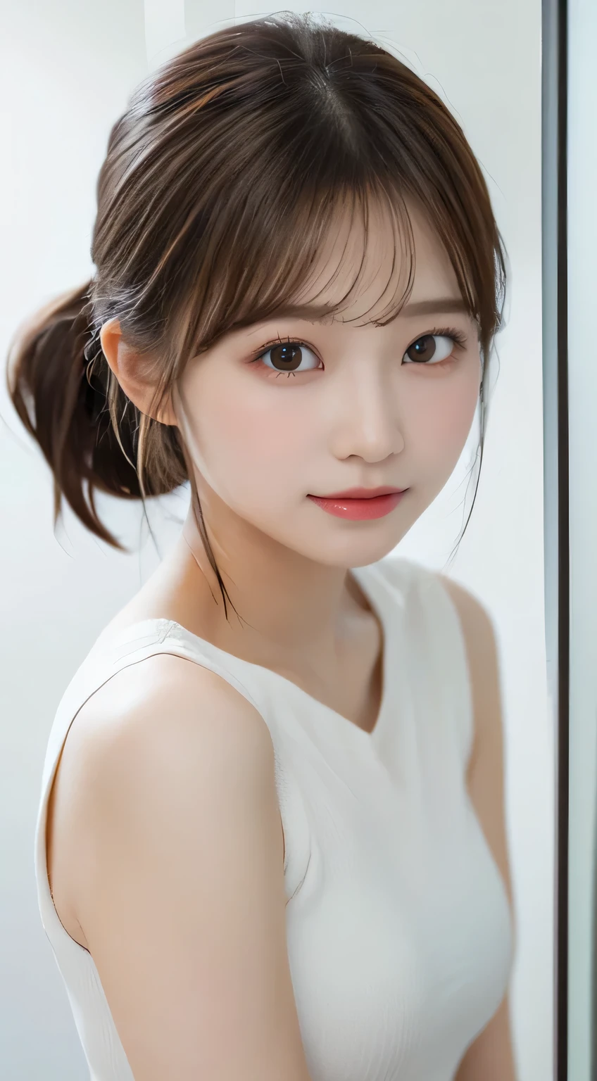 highest quality, Realistic, 8K, High resolution, 1 Girl, woman, (Skin dents), (Portraiture:0.6), nice, ((White Background, Completely naked, Small breasts:1.65)), (Brown hair in a ponytail, Parted bangs:1.4), Watching the audience, (1 Girl eyes Watching the audience:1.6), Realistic, (Bokeh), (Closed Mouth, smile:1.3), nice, Purelos Face_V1:1,
