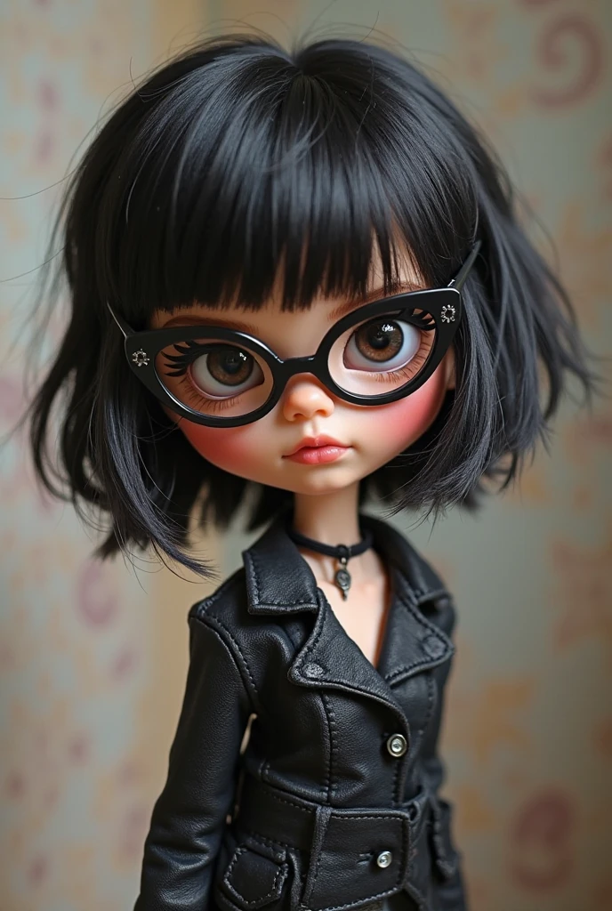 blythe doll with very short curly hair and black glasses