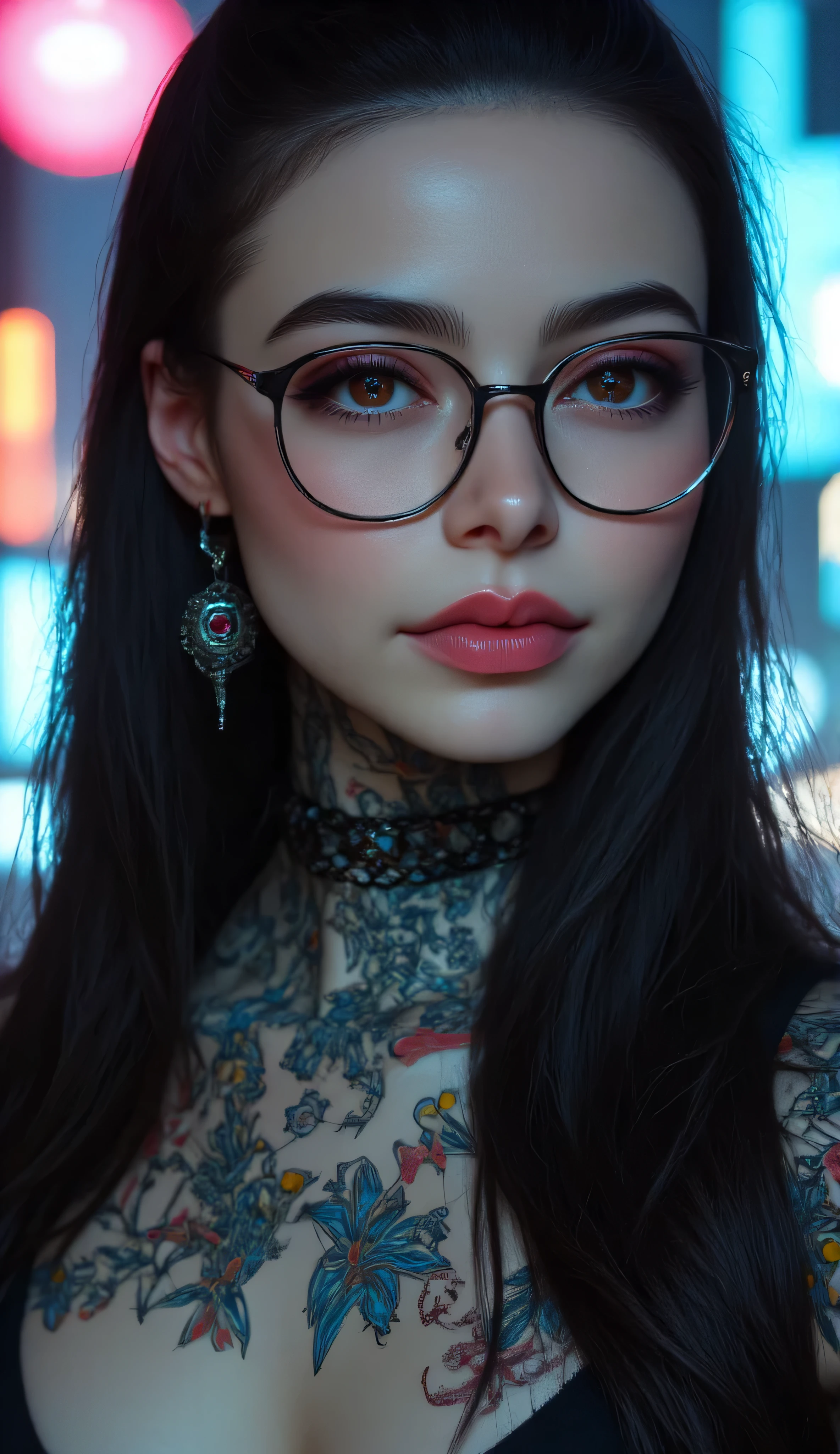 ((a woman with tattoos on her neck and face, Beautiful face of a cyberpunk girl, great digital art with details,  she wears rectangular black rimmed glasses you can see the reflection in the glasses of the glasses :1.5)),walking, City streets,city lights, neon lights, dark scene, Dimly lit, wearing a mini black dress, cleavage, digital art.  highly detailed,long hair, jet black hair, Detailed woman,  full lips in Angelina Jolie style , long false eyelashes ,  eye makeup blushed lips and cheeks,cateye eyeliner, heavy eyeliner,  she wears earrings all over her ear like piercings and in the ovum of her ear she has an embedded ring, a piercing on her lips and nose ,  hyperrealistic art style , Brandon Woelfel, tattooed face, tattoos and piercings, realistic 16k, realistic digital art 16k, tattoo style, cyberpunk art style, Girl with glasses, cinematic lighting, HD, UHD, Retina, masterpiece, Accurate,professional photography,looking deep into viewers eyes, blood moon, full moon, intricate details, Anatomically correct, textured skin, Super detail, high details, high quality,  award winning , best quality, highres, 1080P, HD, 16K, (Large breasts), (Natural breasts),(saggy breasts:1.3),huge Areola,breasts bursting out, Focus on face and breasts, 1girl, Solo, High Resolution, Masterpiece, Accurate, Anatomically Correct, Award Winning, Best Quality, Detail, HD, High Details, High Quality, Quality, Super Detailed, Textured Skin, UHD, Hair Over One Eye, 135mm, F/16, Fujifilm, Sony FE GM, Ray Tracing, God Rays, 8K Octane, Realism, Soft Lighting, 