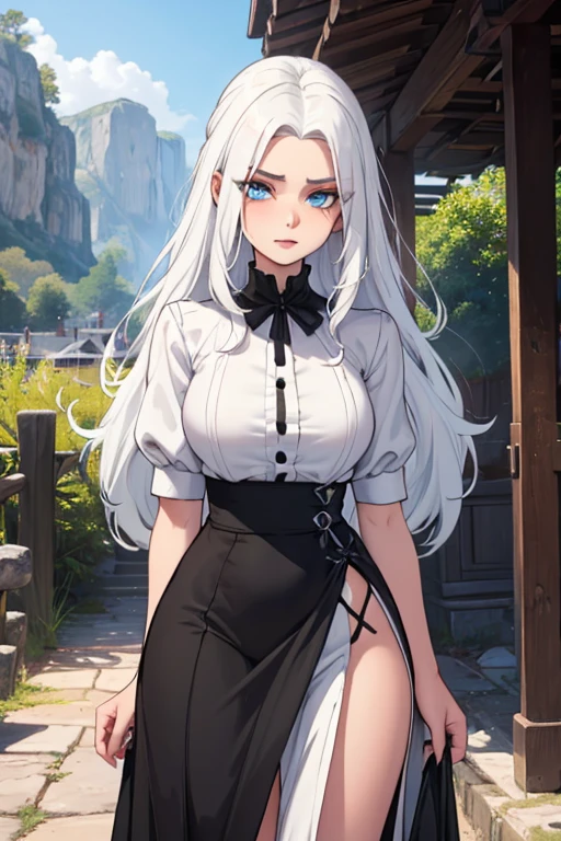 girls, White hair, Long straight hair, Green Eye, Sharp-eyed, Created up to the upper body, modern one piece, Smiling face
