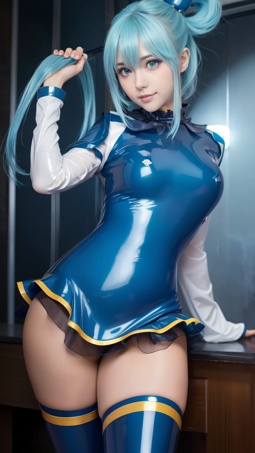 1 girl, realistic, dakimakura, Aqua cosplay, latex outfit, blue high heel boots, standing up, blue long hair, Best quality, masterpiece,