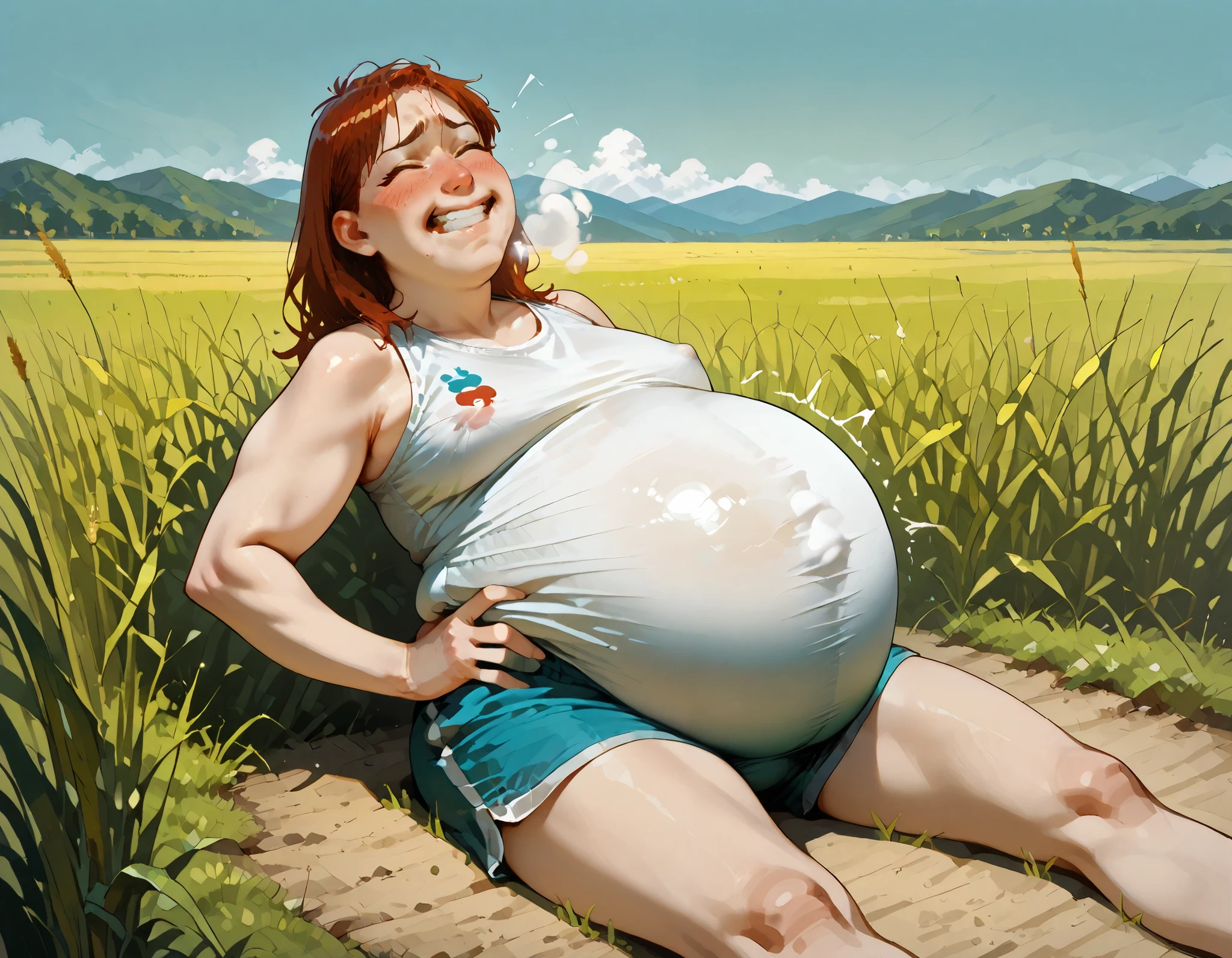 art by kipteitei, (1girl, solo:1.1) out of breath, hands on hips, sitting beside the road, tall grass, (immobile:1.2) bikini top, shorts, (best quality, masterpiece). from the side, lanscape picture, sunbeams, beautiful landscape, leaning back, red face, eyes closed, (uncomfortable emotions:1.2), (wide infragluteal fold:1.2), (covered nipples), fat love handles , (sunken arms, puffed arms:1.1), (short arms:1.2) (puffed face:1.2), (spherical inflation)
