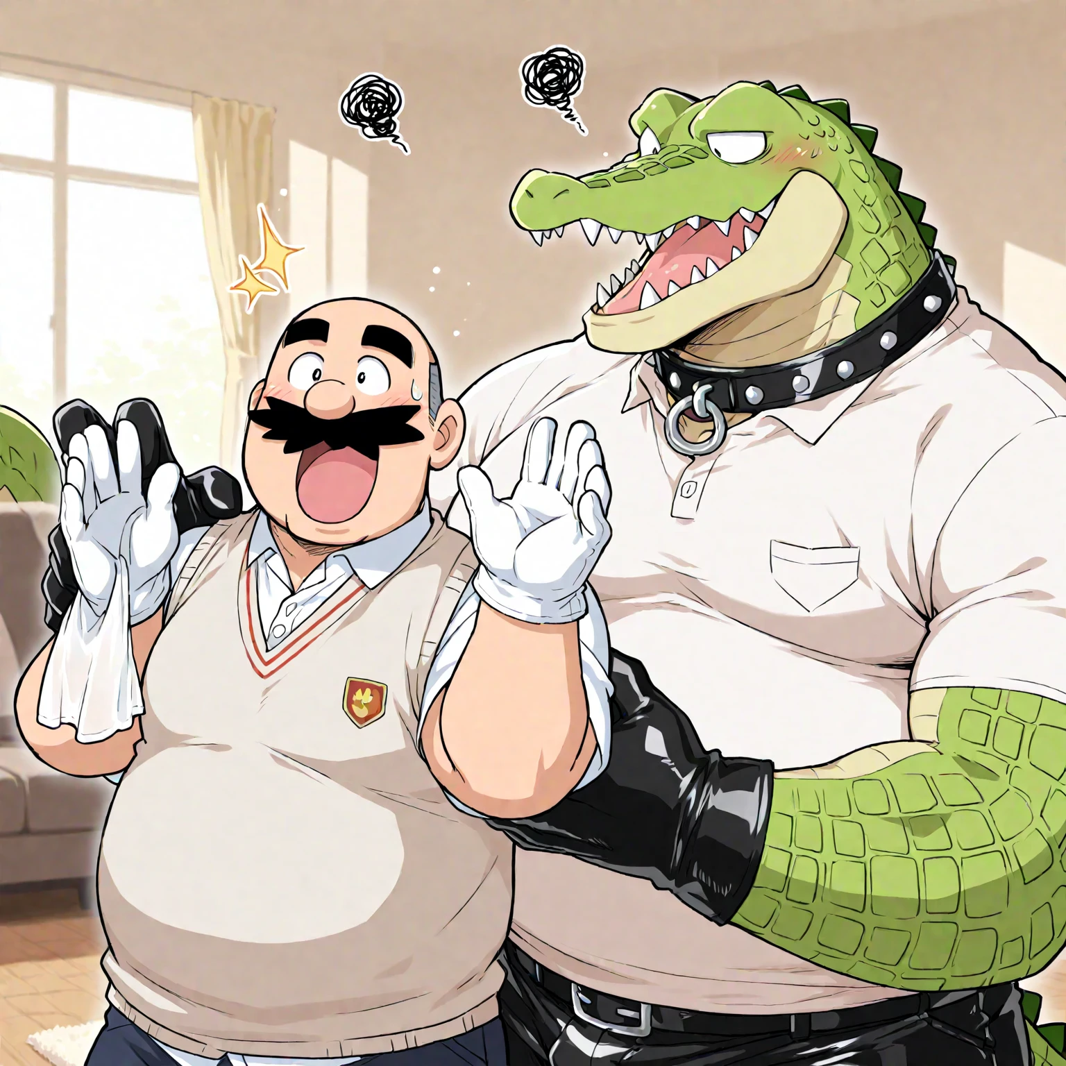 ((Gym background)) (Male, smaller, twink, anthropomorphic, grey wolf, harness around chest, green eyes) (Male, LARGER, hunk, anthropomorphic, crocodile, holding leash, red eyes, sinister look)