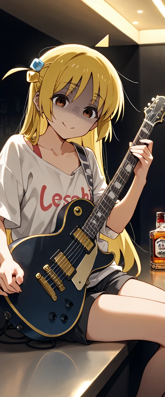 ( Masterpiece ),There is a background., wall alcohol, better quality, expressive eyes, Seika Ijichi , Bocchi the Rock!, Long hair, , yellow hair, brown eyes, идеальное face,1girl,solo , middle chest,, Glare in the eyes , Спокойное face, mouth closed , blushes, сильно blushes, face, smile,looks at the viewer, , , hands below , sits at the counter, black loose-fitting t-shirt, Bra straps, shorts, dark lighting, holds a guitar, plays guitar
