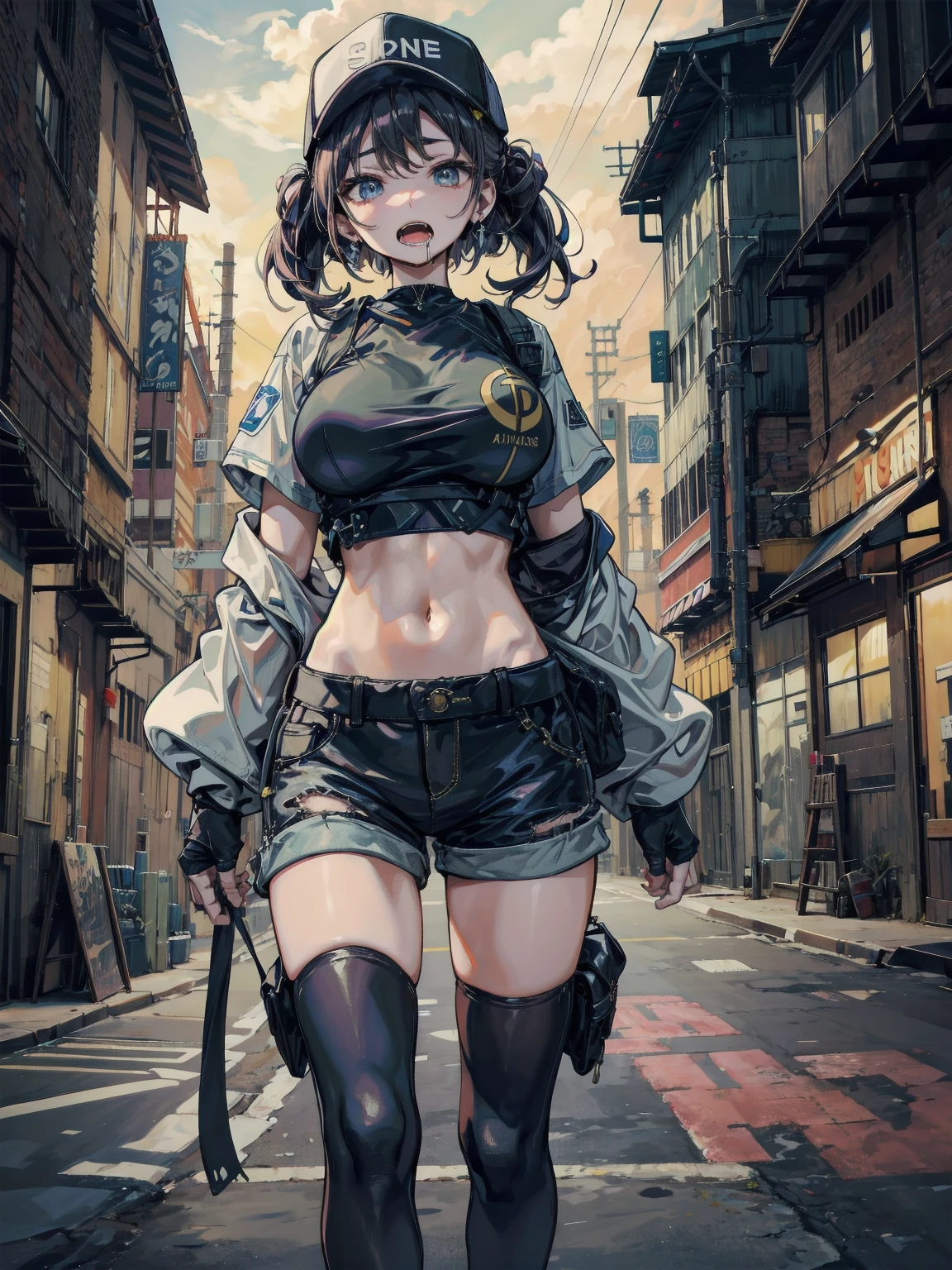  22 years old, (milf:0.8), (solo:1.5), (sfw:1.25), cute breast, beautiful breasts, medium tits, thin waist, big ass:1.0, Raised sexy, (beret, black jacket, open clothes, cleavage, midriff, black shorts, black thighhighs, thigh strap, fingerless gloves, single glove:1.2), blue eyes, light smile, big , Revimpling fabric, earrings, Hand gloves, detailed face,(smoking:1.3),long hair,side ponytail,hair between eyes,bangs,detailed and beautiful eyes,beautiful detailed lips,Rolling her eyes,manner,hair over one eye, (ultra high resolution, 8K RAW photo, photo realistics, thin outline:1.3, clear focus), best qualtiy, natural lighting, textile shading, blurry back ground, field depth, (Bright pupils, fine detailed beautiful eyes with highlight:1.3, high detailed face), Red lip, fine realistic skins:1.1, looking down viewers:1.3, (dynamic angle:1.3, front view:1.1, breast focus:1.3, from below:1.2), (dynamic posing:1.5, sexy posing:1.2),Youghal, side lock, hair ornaments, hair band,nice,garden background,artistic rendering,Super detailed,(highest quality,4k,8K,High resolution,masterpiece:1.2),Bright colors,studio lighting
