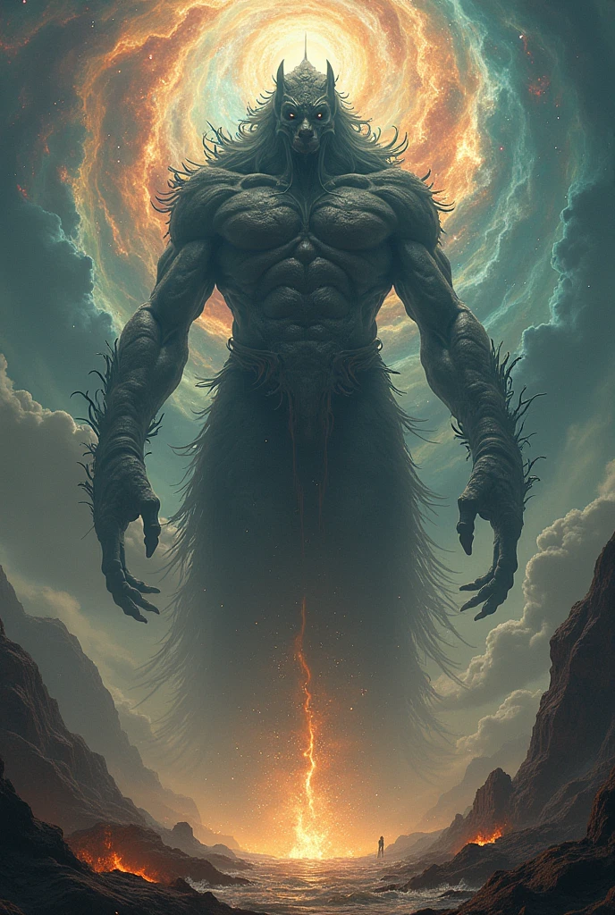 (Titan Dark God)With fire, black smoke and lightning around with an imposing and threatening attitude