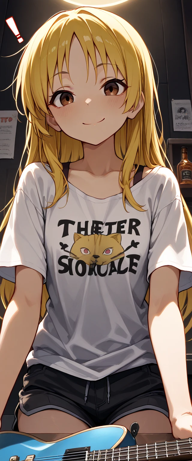 ( Masterpiece ),There is a background., wall alcohol, better quality, expressive eyes, Seika Ijichi , !, Long hair, , yellow hair, brown eyes, идеальное face,1girl,solo , middle chest,, Glare in the eyes , Спокойное face, mouth closed , blushes, сильно blushes, face, smile,looks at the viewer, , , hands below , sits at the counter, black loose-fitting t-shirt, Bra straps, shorts, dark lighting, holds a guitar, plays guitar
