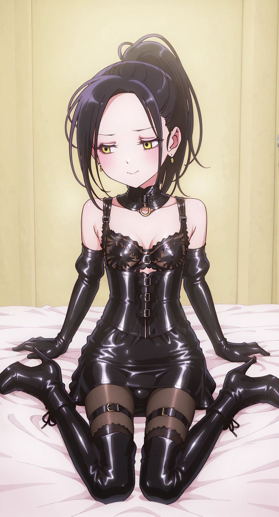 small bust、delicate、 slim figure、standing、full body、erect nipples、Sheet Cutting 、  wariza、 (bulge:1.4), covered testicles、bulge、coral in the role of a girl、red leather collars are handed to viewers:1.8、Bondage、 queen、spouse、(((One Girl)))、(((Alone:1.8)))、(((black latex elbow gloves:1.4)))、(((black latex corset dress:1.4)))、(((crotch corset dresses are adorned with beautiful lace)))、(((Corset Dress with Shoulder Straps)))、(((Black Latex Tight Mini Skirt:1.4)))、(((black thigh-length boots with open shoulders:1.4)))、(((black rubber tights:1.2)))、((( Slender heeled boots that kick men:1.4)))、((( stiletto boots:1.4)))、(((black latex high leg panties)))、((( black latex bra)))、(((Black leather collar)))、wide thigh opening:1.2、 Highlighted beautiful eyes、beautiful skin、  Two Anatomically Perfect Arms  、Two anatomically perfect legs、(  perfect 4 fingers and 1 thumb  )、最高masterpiece、masterpiece、high image quality、High resolution 8k、detailed face、detailed eyes、 straight long black hair、ponytail、 with golden eyes 、earrings 、 smug 、:1.4、 top、Facial、fellatioチオ、fellatio、one fat man、