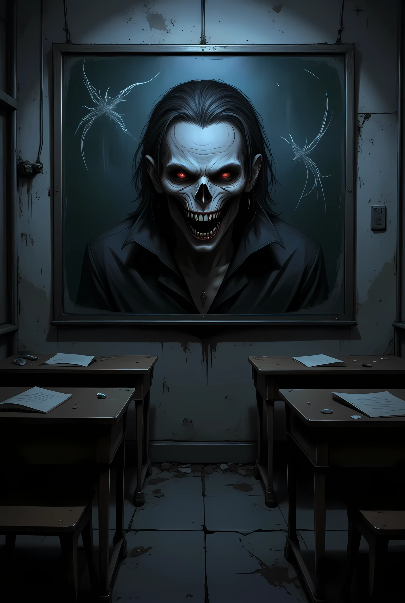 a drawing on a blackboard in school at night, of vampiric grin , vampiric fangs, aidmaDarkGothicAnime