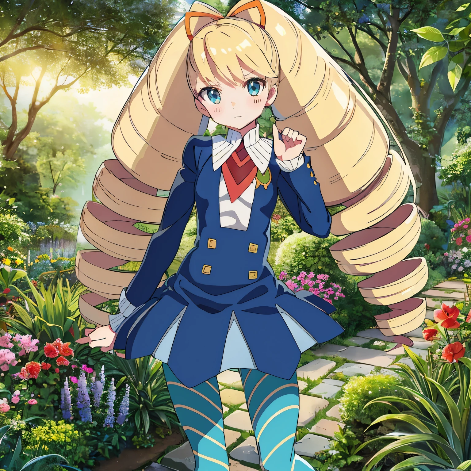 garden,1 girl,Alone,twintails,twin drills,dress,blue pantyhose,striped pantyhose