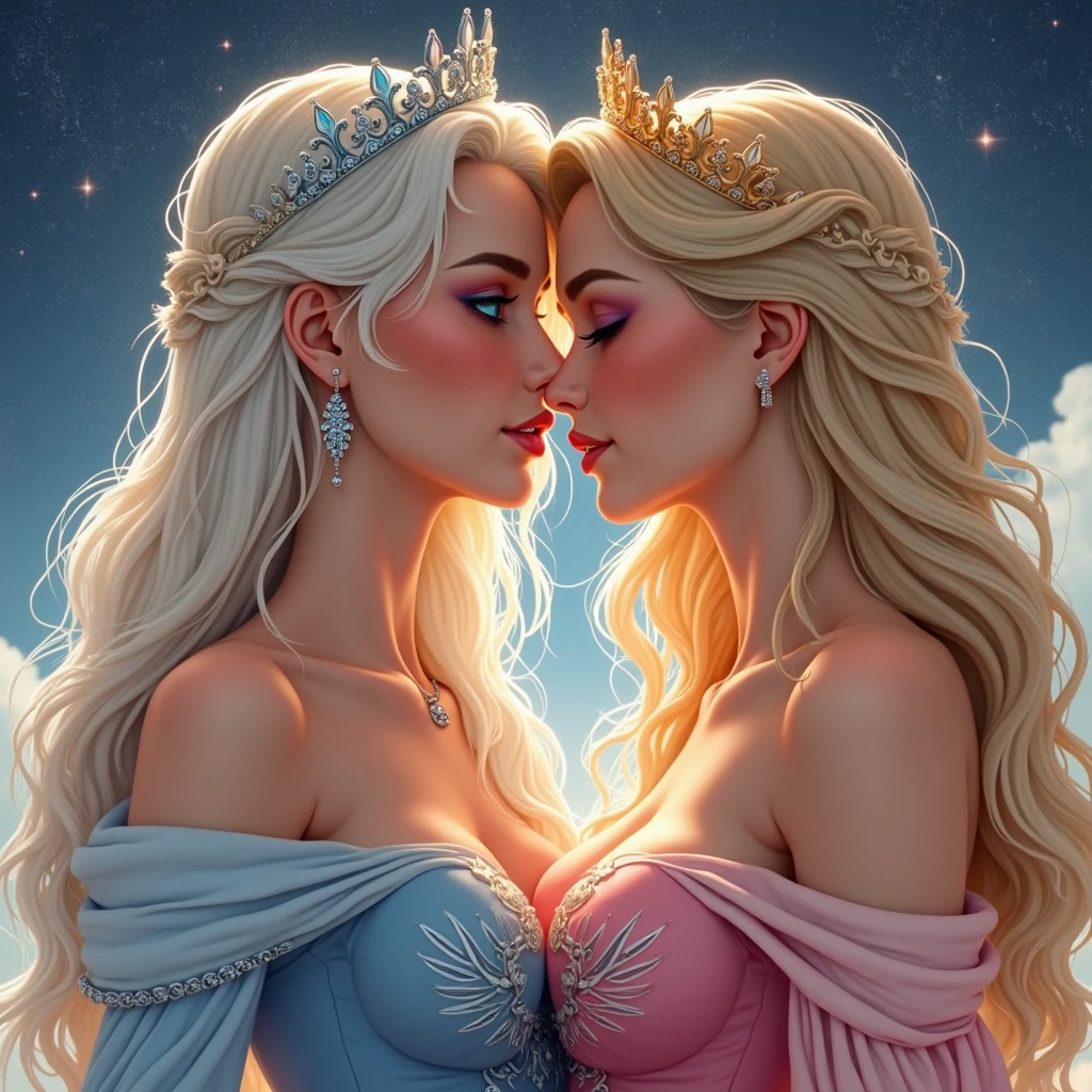 ((best quality)), ((Meisterwerk)), (detailed), perfektes Gesicht A celestial fantasy queen with long blonde hair, dressed in an ethereal, iridescent, shimmering, flawless, floating, luminous, and sparkling gown that emphasizes her gorgeous breasts and unparalleled radiance. She is kissing her grown up daughter with passion. when the celestial queen envelops her daughter with her lumious wings The queen's brilliance and light increases extremly, blinding an audience that worships her. imposing chest, cosmic brilliance 