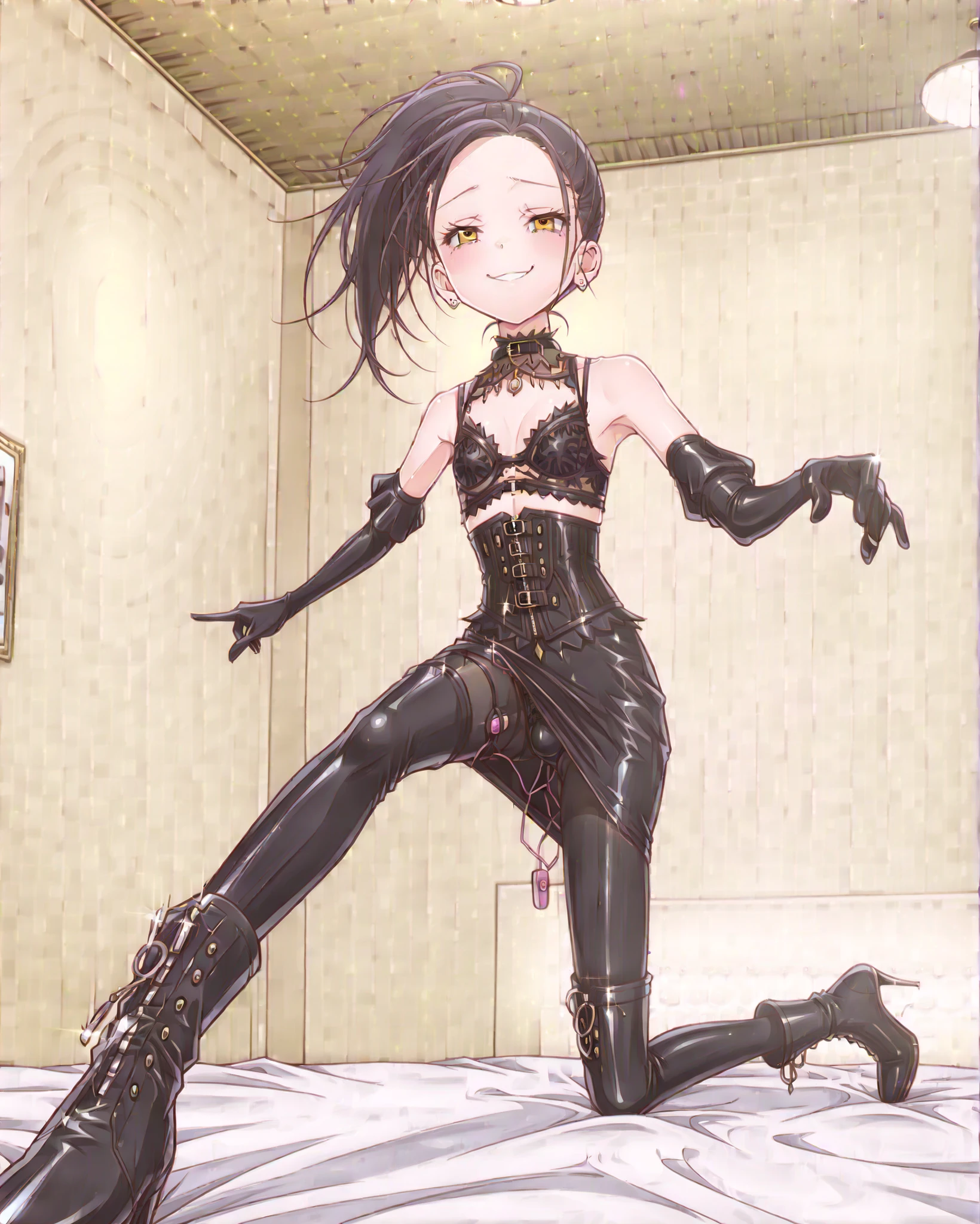low、 body type、small bust、delicate、 slim figure、 crouch、(bulge:1.4), covered testicles、bulge、ahegao、spread your legs、Urinating、incontinence、Sheet Cutting 、coral in the role of a girl、(holds a cordless vibrator remote control in her right hand:1.4)、Bondage、 queen、spouse、(((One Girl)))、(((Alone:1.8)))、(((black latex elbow gloves:1.4)))、(((black latex corset dress:1.4)))、(((beautiful lace-adorned corset dress)))、(((Corset Dress with Shoulder Straps)))、(((Black Latex Tight Mini Skirt:1.4)))、(((black thigh-high boots with open shoulders:1.4)))、(((black rubber tights:1.2)))、((( Slender heeled boots that kick men:1.4)))、((( stiletto boots:1.4)))、(((black latex high leg panties)))、((( black latex bra)))、(((Black leather collar)))、(((sexy pose:1.4 )))、wide thigh opening:1.2、(((erotic)))、(((cowboy shooting)))、close-up、Put your hands on your lower back、 Highlighted beautiful eyes、 , beautiful skin、 Two Anatomically Perfect Arms 、Two anatomically perfect legs、( perfect 4 fingers and 1 thumb )、最高のmasterpiece、masterpiece、high image quality、High resolution 8k、detailed face、detail eyes、(((indoors、luxury hotel、bedroom、dim lighting、SM Exclusive Room 、 adult vibe)))、 straight long black hair、ponytail、 with golden eyes 、earrings、 top、(((staring intently into the viewer's eyes)))、 、 smug 、:1.4