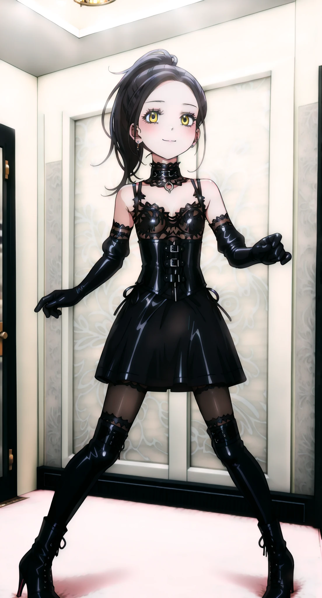 high quality, extremely detailed, lots of image quality, display high quality, beautiful young girl, young girl 16 years, girl 16 years, full body image, full body girl, goth girl, girl with short hair, short hair up to neck, curly hair, black hair, hair with braid on the right side of the head, braid on the right side of the head, light green eyes, green eyes, girl wearing black gothic dress, black gothic dress, black gothic dress with dark blue details, blue sleeve details, blue stripes on the bottom of the dress, blue details on the sleeves of the black dress, black knee-length gothic dress, black goth dress with short sleeves and puffs, black dress with dark blue details, Gothic girl in black dress, gothic lolita, gothic lolita, gothic Victorian style dress, Victorian era dress in gothic style, modern victorian dress, modern gothic dress, gothic girl in modern gothic victorian dress, girl posing standing inside antique shop, interior of antique shop, girl posing smiling for photo, shop with antique items, antique vases, antique books, ancient statues, small ancient statues, antique weapons in antique shop, beautiful anime girl, small breasts, beautiful breasts, striking breasts, small breasted gothic girl