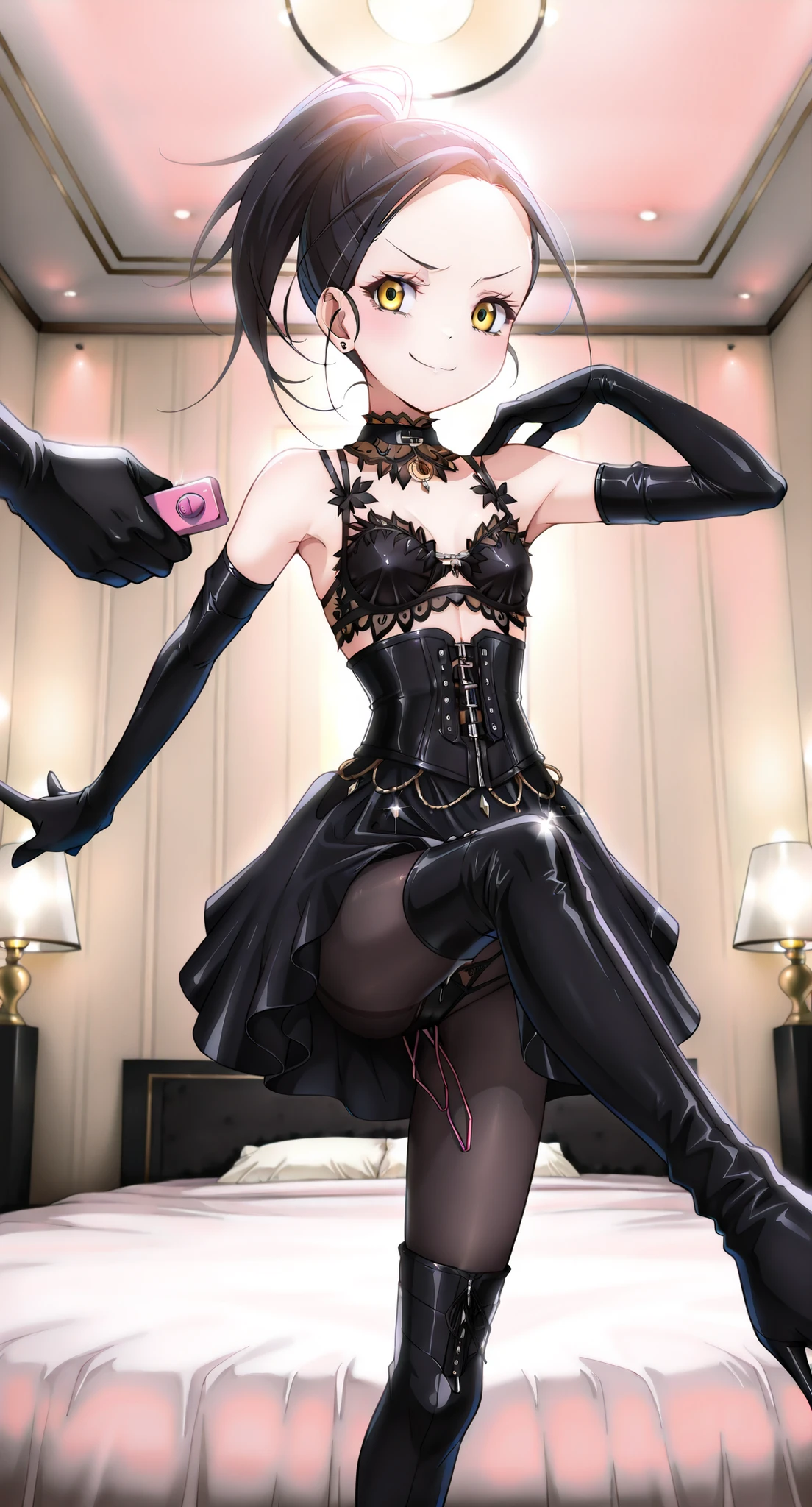 low、 body type、small bust、delicate、 slim figure、 crouch、spread your legs、Sheet Cutting 、coral in the role of a girl、(holds a cordless vibrator remote control in her right hand:1.4)、Bondage、 queen、spouse、(((One Girl)))、(((Alone:1.8)))、(((black latex elbow gloves:1.4)))、(((black latex corset dress:1.4)))、(((beautiful lace-adorned corset dress)))、(((Corset Dress with Shoulder Straps)))、(((Black Latex Tight Mini Skirt:1.4)))、(((black thigh-high boots with open shoulders:1.4)))、(((black rubber tights:1.2)))、((( Slender heeled boots that kick men:1.4)))、((( stiletto boots:1.4)))、(((black latex high leg panties)))、((( black latex bra)))、(((Black leather collar)))、(((sexy pose:1.4 )))、wide thigh opening:1.2、(((erotic)))、(((cowboy shooting)))、close-up、Put your hands on your lower back、 Highlighted beautiful eyes、 , beautiful skin、 Two Anatomically Perfect Arms 、Two anatomically perfect legs、( perfect 4 fingers and 1 thumb )、最高のmasterpiece、masterpiece、high image quality、High resolution 8k、detailed face、detail eyes、(((indoors、luxury hotel、bedroom、dim lighting、SM Exclusive Room 、 adult vibe)))、 straight long black hair、ponytail、 with golden eyes 、earrings、(((staring intently into the viewer's eyes)))、 、 smug 、:1.4