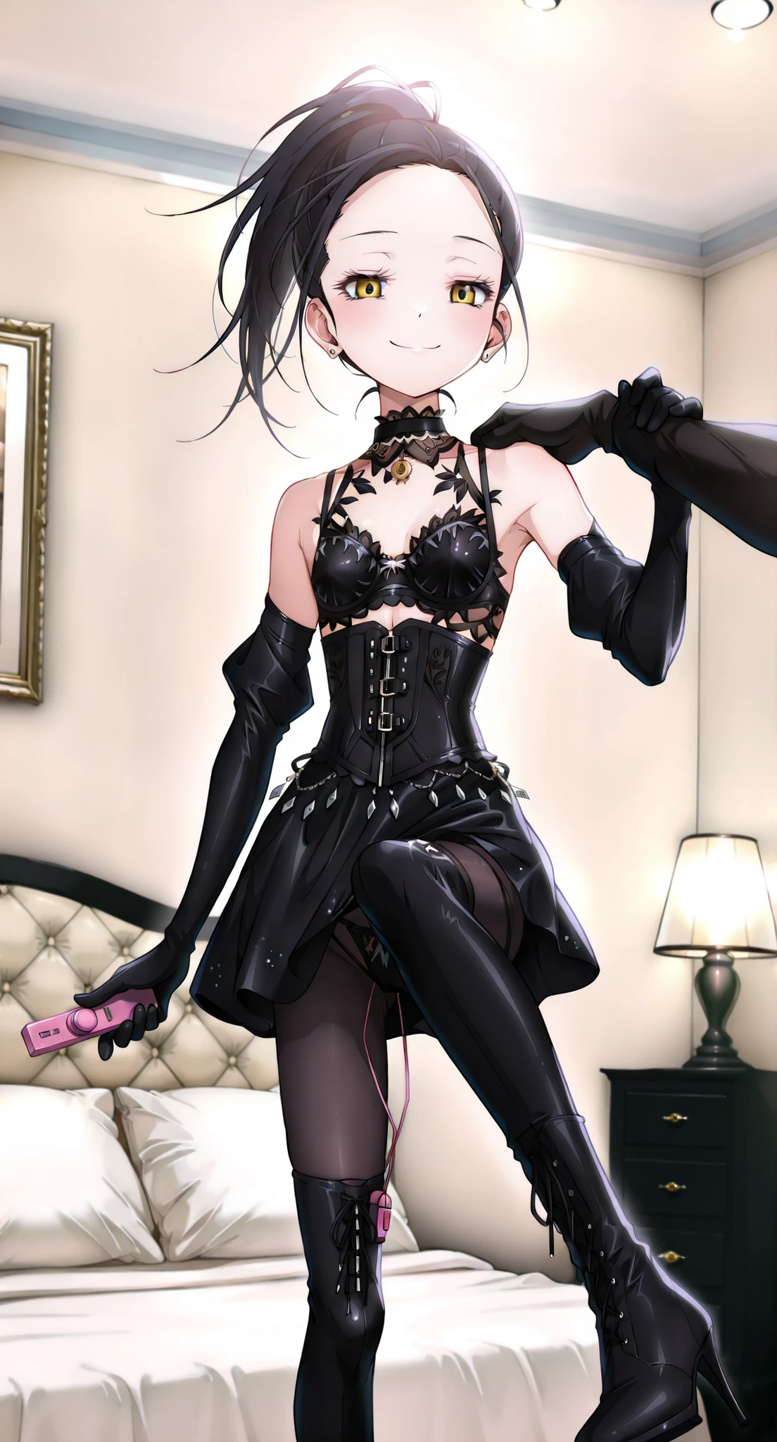low、 body type、small bust、delicate、 slim figure、 crouch、spread your legs、Sheet Cutting 、coral in the role of a girl、(holds a cordless vibrator remote control in her right hand:1.4)、Bondage、 queen、spouse、(((One Girl)))、(((Alone:1.8)))、(((black latex elbow gloves:1.4)))、(((black latex corset dress:1.4)))、(((beautiful lace-adorned corset dress)))、(((Corset Dress with Shoulder Straps)))、(((Black Latex Tight Mini Skirt:1.4)))、(((black thigh-high boots with open shoulders:1.4)))、(((black rubber tights:1.2)))、((( Slender heeled boots that kick men:1.4)))、((( stiletto boots:1.4)))、(((black latex high leg panties)))、((( black latex bra)))、(((Black leather collar)))、(((sexy pose:1.4 )))、wide thigh opening:1.2、(((erotic)))、(((cowboy shooting)))、close-up、Put your hands on your lower back、 Highlighted beautiful eyes、 , beautiful skin、 Two Anatomically Perfect Arms 、Two anatomically perfect legs、( perfect 4 fingers and 1 thumb )、最高のmasterpiece、masterpiece、high image quality、High resolution 8k、detailed face、detail eyes、(((indoors、luxury hotel、bedroom、dim lighting、SM Exclusive Room 、 adult vibe)))、 straight long black hair、ponytail、 with golden eyes 、earrings、(((staring intently into the viewer's eyes)))、 、 smug 、:1.4