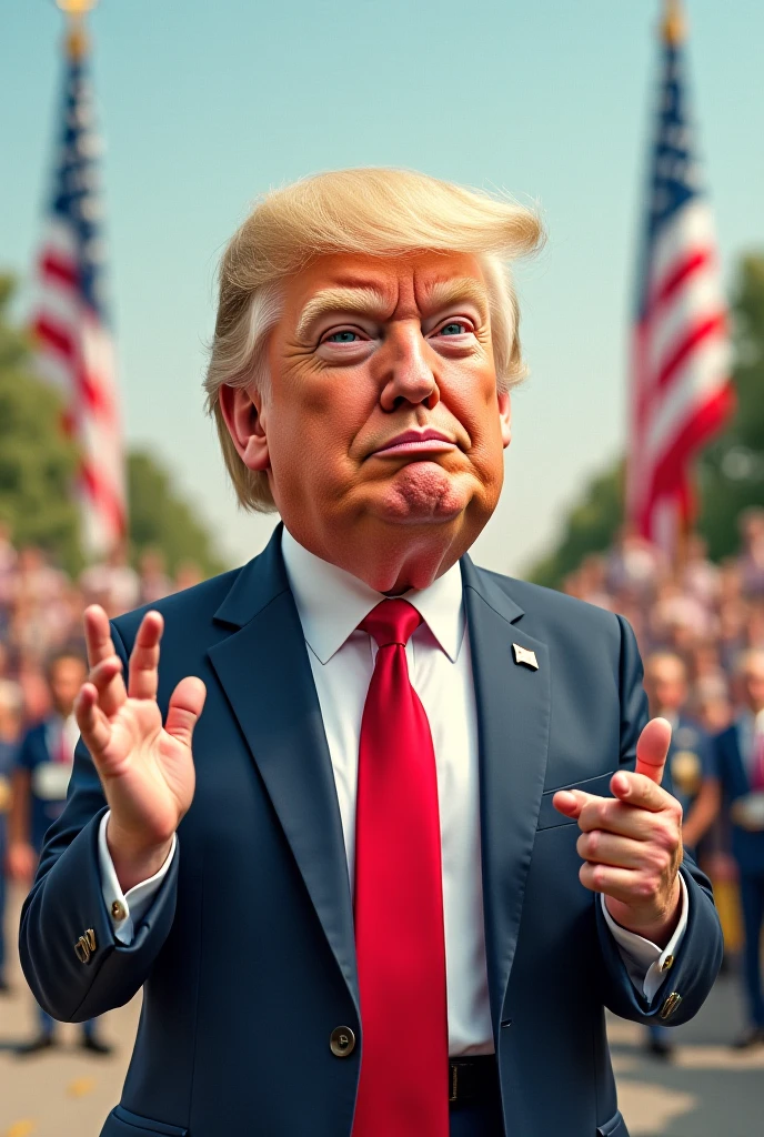 Donald Trump standing at podium at one of his political rallies, american flags in background