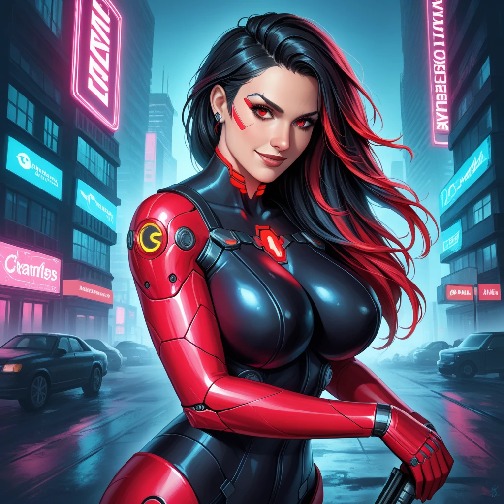 there is a woman in a red outfit posing next to a red truck, anime cyberpunk art, female cyberpunk anime girl, digital cyberpunk anime art, alena aenami and artgerm, cyberpunk 2 0 y. o model girl, seductive cyberpunk dark fantasy, digital cyberpunk - anime art, cyberpunk anime girl, cyberpunk angry gorgeous goddess, cyberpunk girl, modern cyberpunk anime