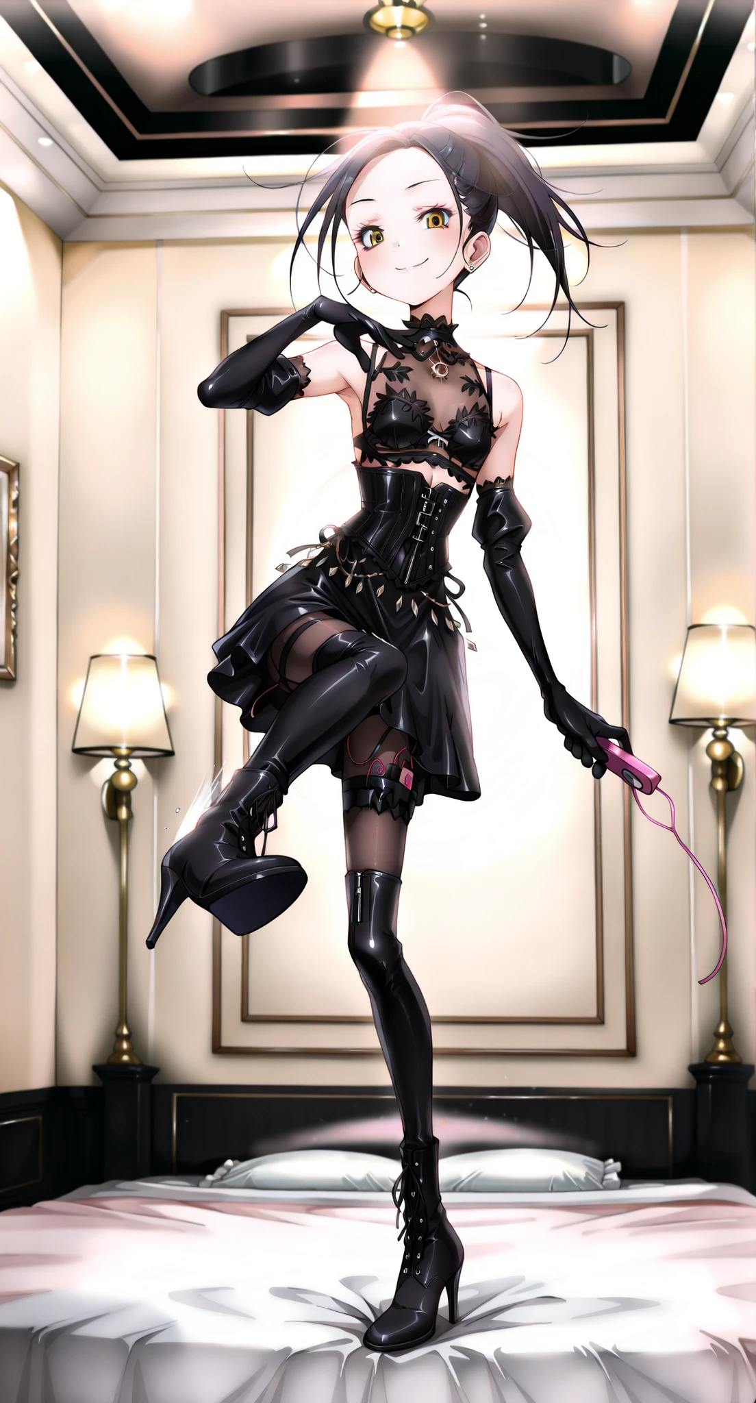 masterpiece,1girl,solo,cat ears,twintails, hair over one eye, demon_wings,small breasts, blue_eyes, blush,open mouth, low wings, torn legwear, (kneeling:1.3),bound arms, ((bondage)),shibari,rope,(arms behind back:1.4),indoors,