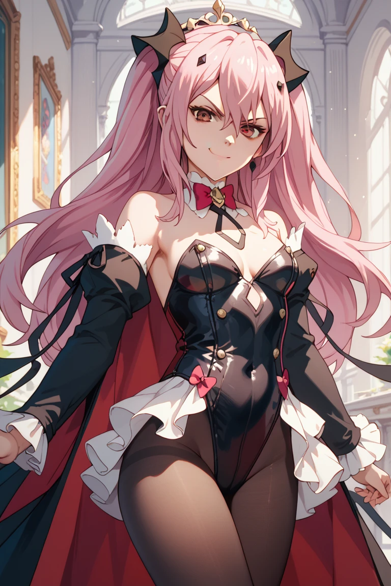 (cowboy shot), (best quality, ultra-high resolution, depth of field:1.2), beautiful face, 22-year-old woman, adult, short height, 1female, (pink hair), long hair, french braid, forehead, (blue eyes), bright pupils, hair between eyes, plump, medium breasts, (wearing a crimson gala dress), frills, long lace gloves, seductive smile, elegant ballroom scenery, dim lighting