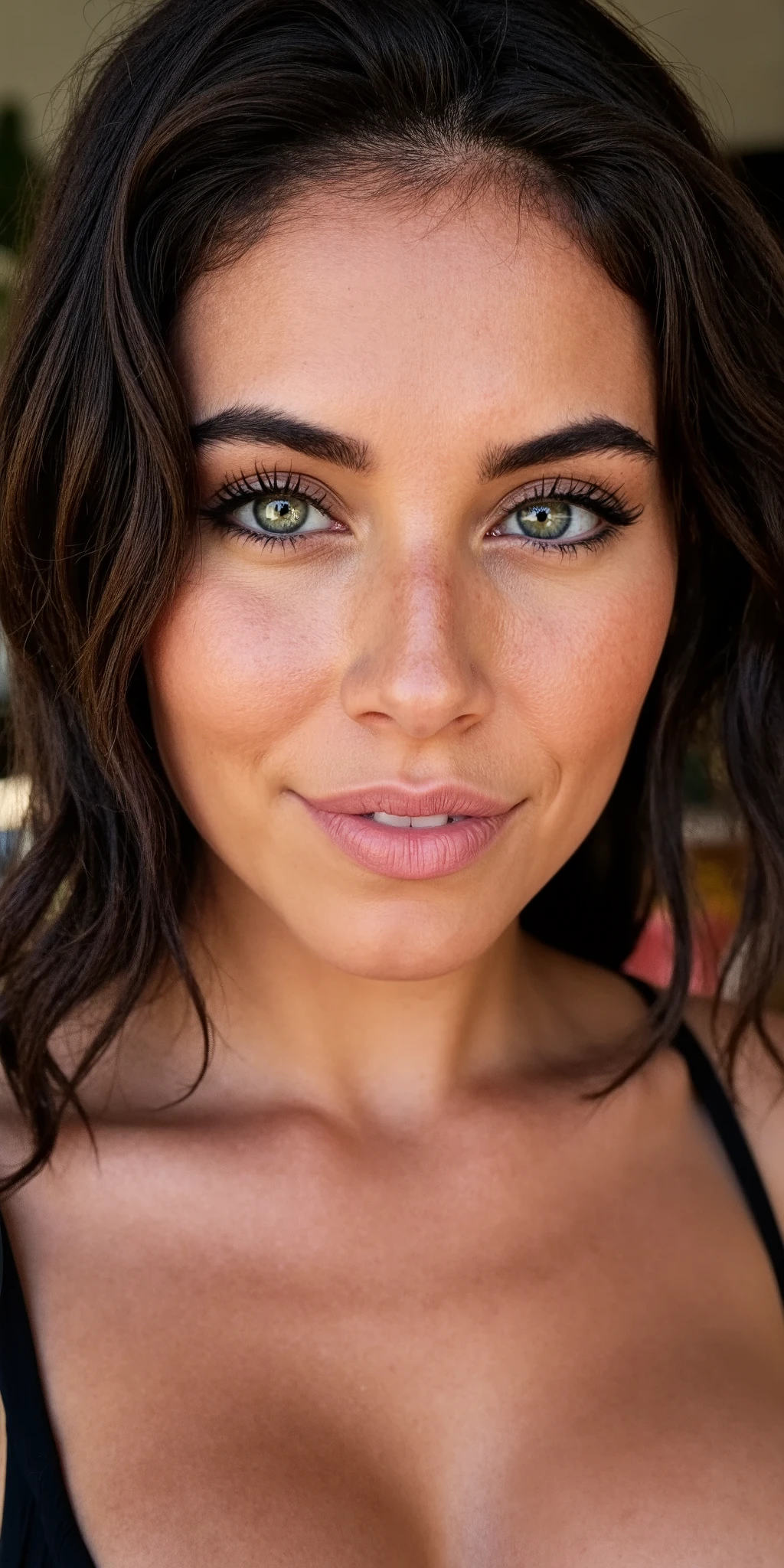 Fujicolor Superia X-TRA 400, 50mm, a high-resolution close-up portrait of ana de armas,aidmaMJ6.1,aidmaimageupgrader, selfie, black hair, slight smile