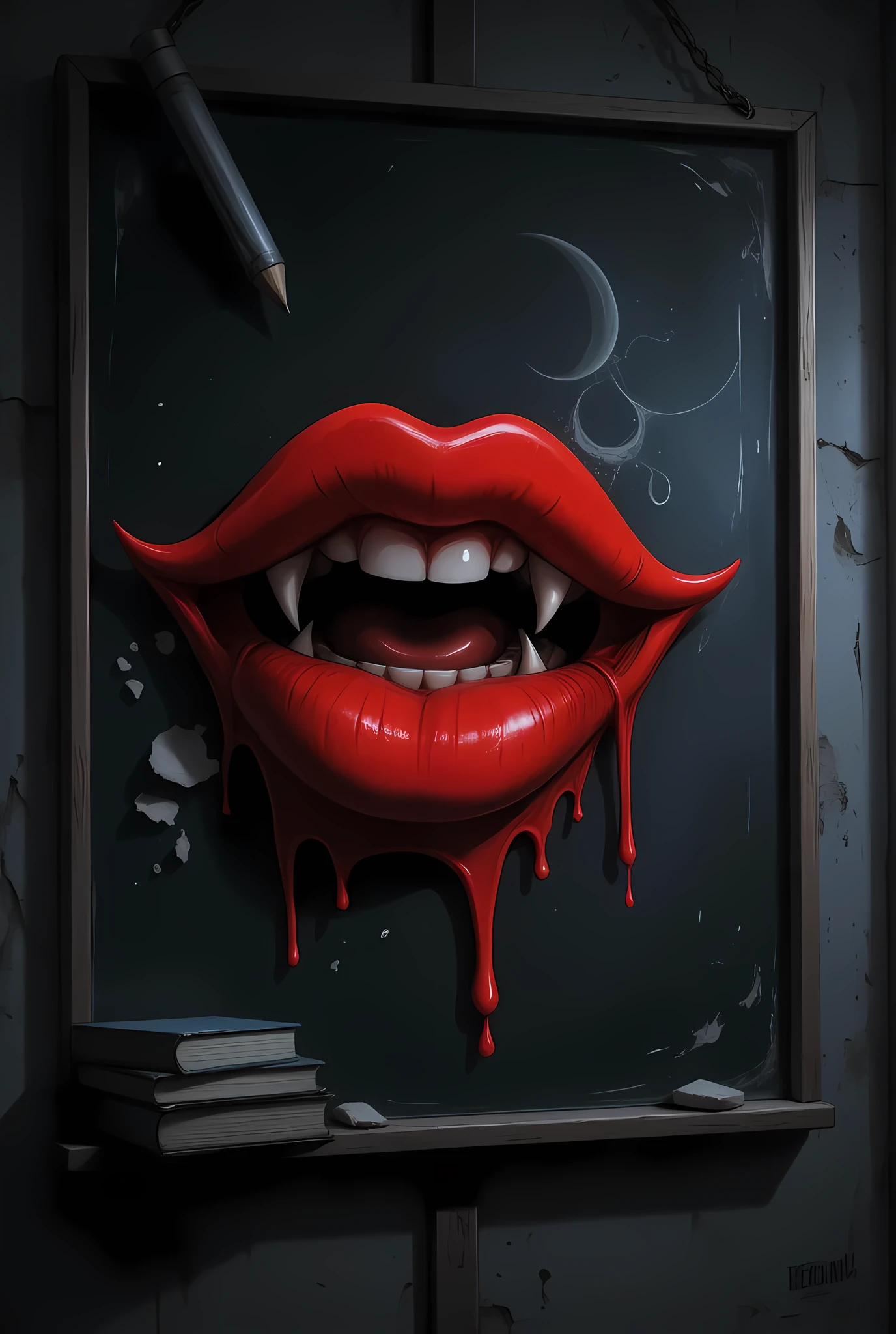 a drawing on a blackboard in school at night, of a red lips making a grin, feminine lips, vampiric fangs, aidmaDarkGothicAnime