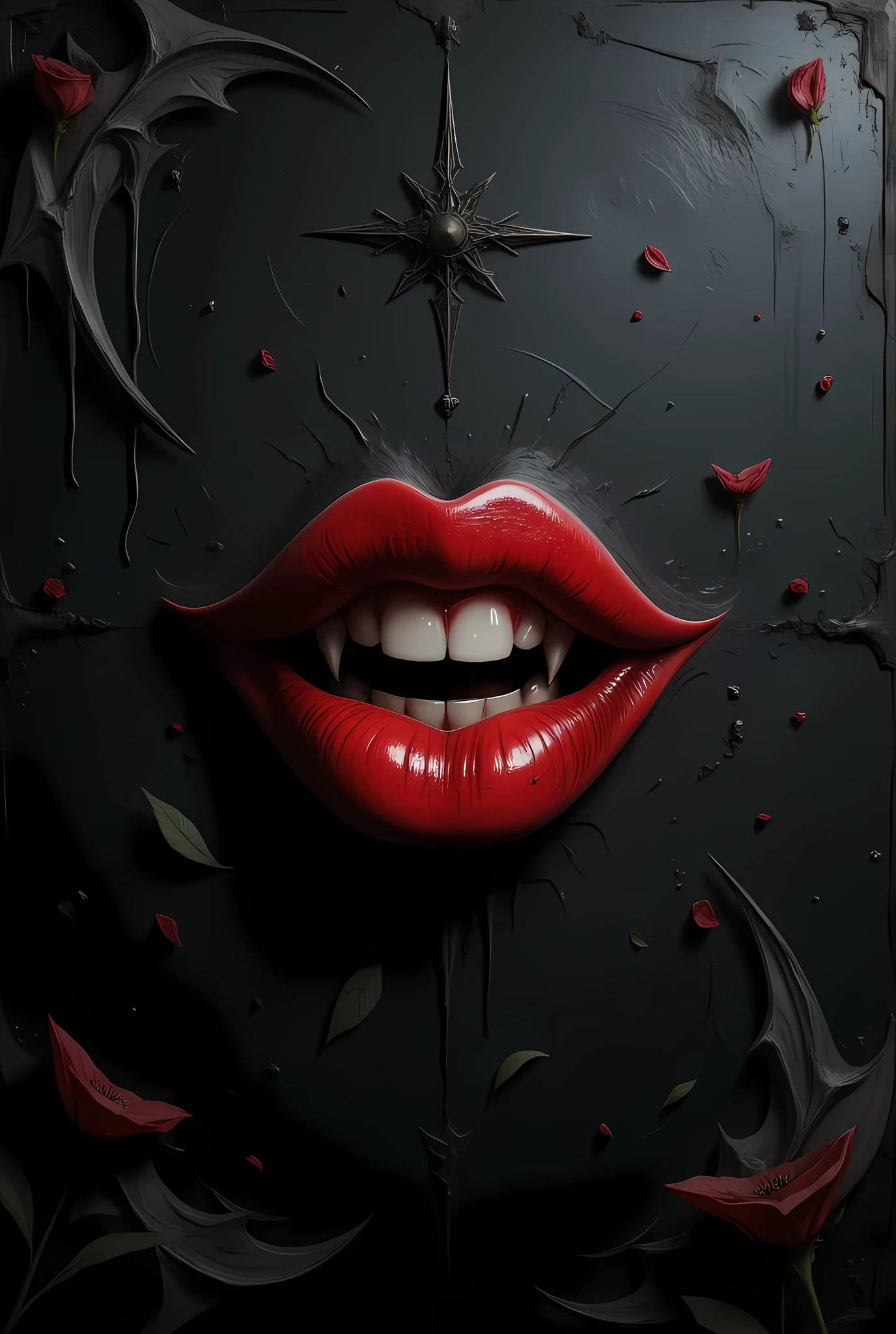 a drawing on a blackboard in school at night, of a red lips making a grin, feminine lips, vampiric fangs, aidmaDarkGothicAnime