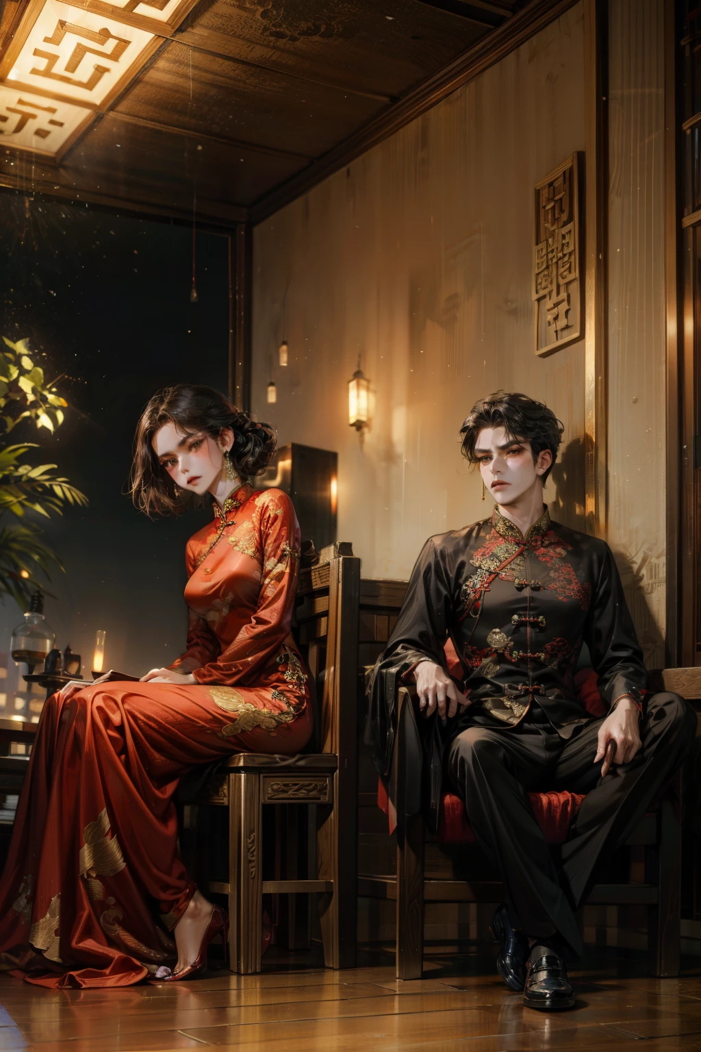 Woman sitting cross-legged, man in Chinese cheongsam, black hair, 70s China, looking at viewer, indifferent face, Great Wall background, retro red woman cheongsam, full body, both sitting, front view, wide angle, sharp, cinematic feel, ใบหน้าคมชัด, เหมือนจริง