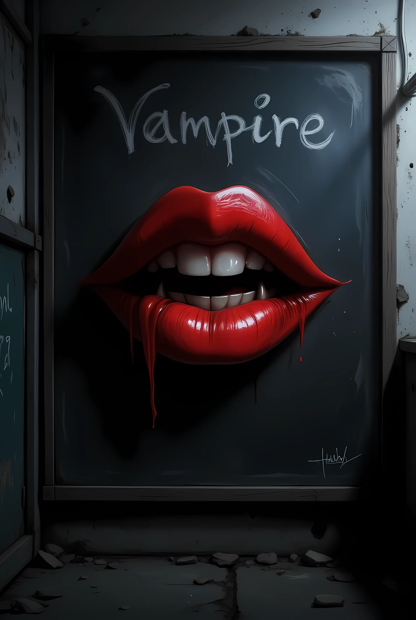 there is a drawing on a blackboard in school at night, of red lips making a grin, feminine lips, vampiric fangs, aidmaDarkGothicAnime