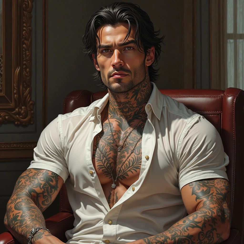 AI design drawing a young muscular man with goatee with “ruy” tattoo and other tattoos realistic bedroom background