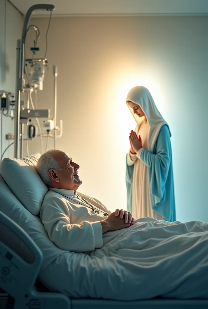 Create an ultra-realistic image of an intense and emotional scene in a hospital room. The scene depicts an elderly male healer, Vô Augusto, with calm and compassionate Germanic features, standing beside a patient who is beginning to rise from their hospital bed. The patient shows signs of miraculous recovery, their expression joyful and filled with life. Next to them, a renowned doctor, initially skeptical, now stands with an expression of awe and gratitude, visibly moved by the healing taking place. The background of the room is serene, with a warm, glowing light emanating from Vô Augusto and Saint Hildegard of Bingen, who is depicted in the background holding medicinal herbs. The room is filled with a sense of peace and renewal, illustrating the powerful moment where faith, represented by Vô Augusto, intersects with modern medicine. The scene conveys a deep sense of healing, divine intervention, and the wonder of a miracle unfolding.
