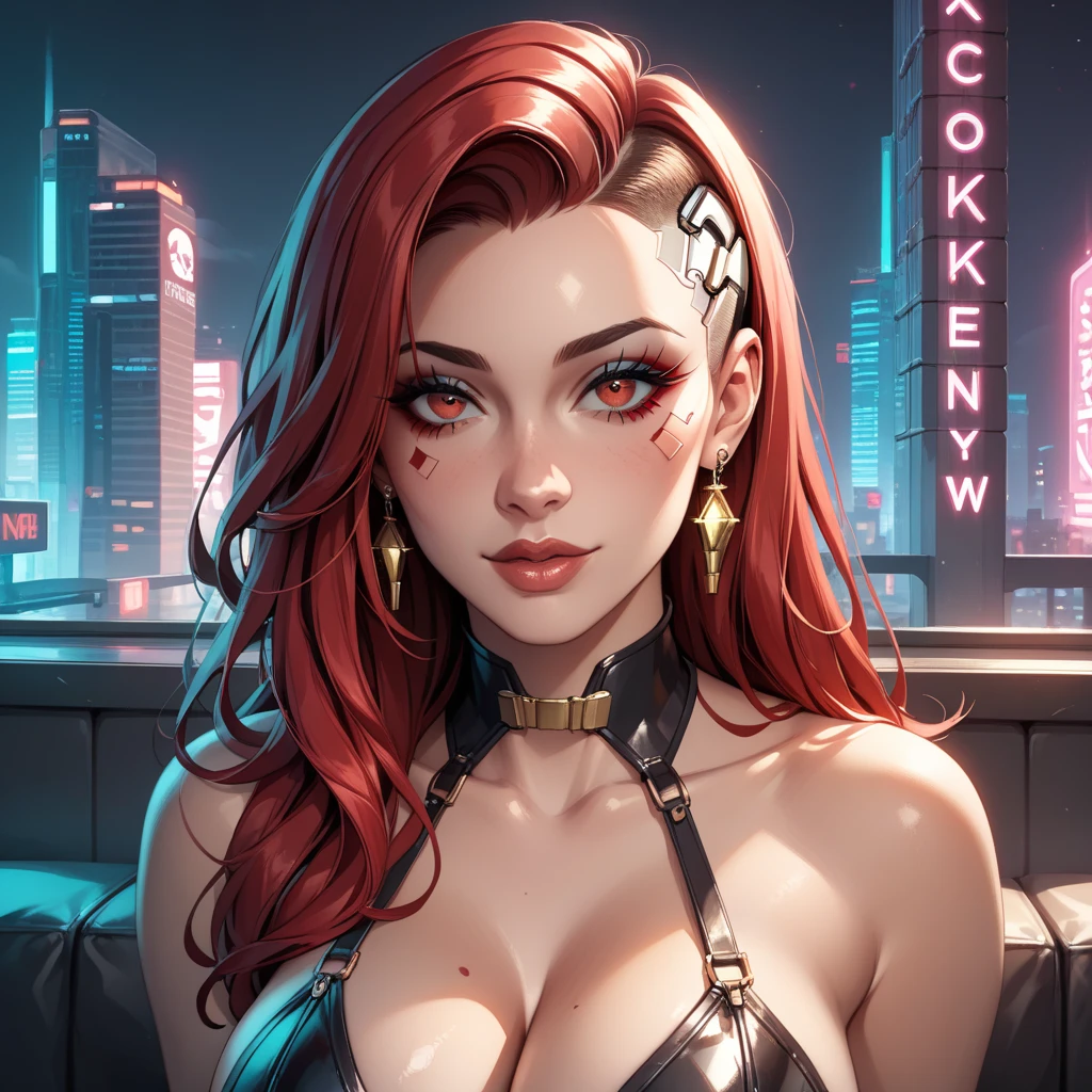 (((An extremely detailed portrait of a beautiful woman with red wavy hair and 2 multicolored braids sitting on a cyberpunk city roof at night wearing a red metallic dress with jewels))) realism, real eyes, smiling, fun, happy, food dishes, drink glass, pixiv trend, atmospheric lighting, intricate, fashion photo shoot, glamorous pose, dramatic fabric, ambient occlusion, volumetric lighting, glamorous, ray tracing, path-tracing, tattoos, professional studio lighting, backlit, Deviant-art, hyper detailed effects. Steam coming from holes (background in focus) 8k HD --auto --s2