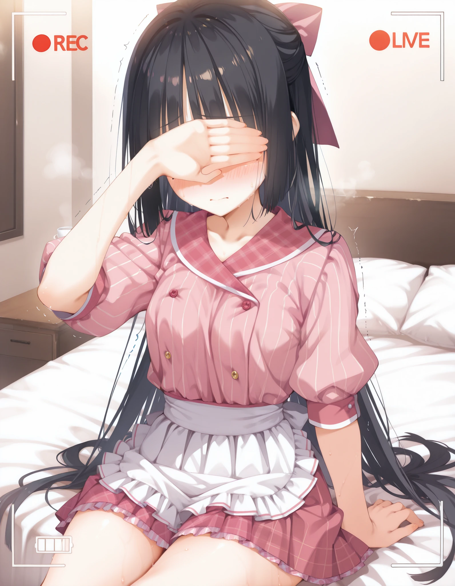score_9, score_8_up, score_7_up,
shiki natsume, Cafe Stella to Shinigami no Chou, Muririn,
very long hair, black hair, hair bow, bangs, blunt ends, mole under eye,
waitress, pink shirt, striped shirt, vertical stripes, plaid sailor collar, Pink miniskirt, pleated skirt, pink plaid skirt, thighs, long sleeves, puffy sleeves, waist apron,
(blush:1.3)、 trembling、steam、sweat、
bedroom、on the bed、sitting、
covering eyes,viewfinder,