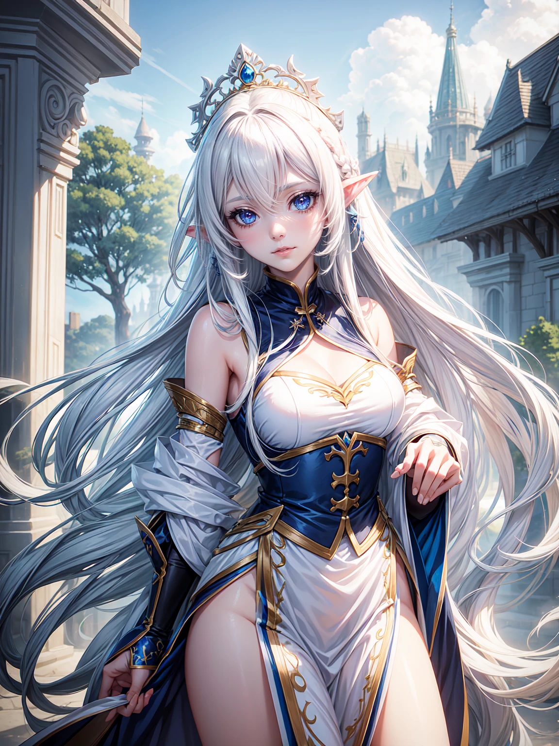woman in a garden, Beautiful detailed eyes, beautiful detailed lips, extremely detailed eyes and face, long eyelashes, low-cut white blouse with long sleeves and high neck, white cape on shoulders,( Intricate Silver Earrings and Necklace)., pointy ears, (black skirt),( white gloves), white high heel thigh high boots, long platinum white hair tied in a ponytail, lock of long hair that frames the face, detailed blue eyes, sitting on the grass (lying in the shade of a leafy tree), surrounded by white and blue flowers, in the courtyard of a fantasy medieval castle, Hyper-realistic full figure, perfect body (Wide hips) (thick thighs), photorealistic, realistically shaded perfect body, (big breasts), seductive anime girl, photorealistic render of anime girl, High quality detailed art in 8k., oppai, realistic 3d anime, voluptuous body, 3d anime girl, very detailed anime, (sunrise time)