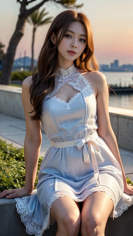 masterpiece, highest quality, 8k high quality photo, cinematic lighting, deep shadow, 1girl, gorgeous face, fearless smile, smooth soft parl skin, light-blown medium wavy hair, looking into camera, (standing on european street), model posing, front view,((cowboy shot)), (frilled dress:1.2), at late night, ((night:1.5))