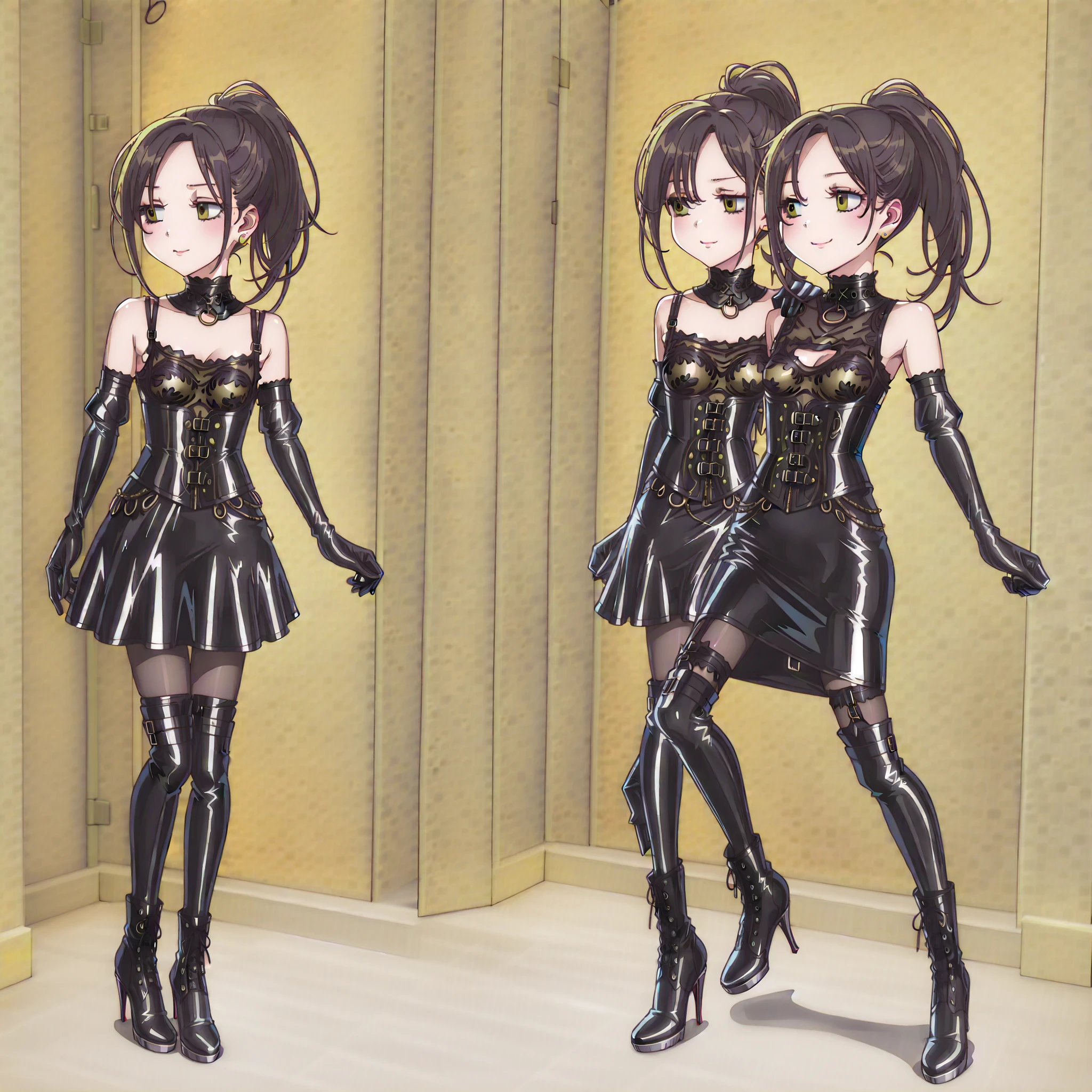 High quality, Ultra detailed, best quality, insanely detailed, beautiful, masterpiece、 1girl 、standing、full body、erect nipples、small bust、delicate、 slim figure、Sheet Cutting 、 coral in the role of a girl、red leather collars are handed to viewers:1.8、Bondage、 queen、spouse、(((One Girl)))、(((Alone:1.8)))、(((black latex elbow gloves:1.4)))、(((black latex corset dress:1.4)))、(((crotch corset dresses are adorned with beautiful lace)))、(((Corset Dress with Shoulder Straps)))、(((Black Latex Tight Mini Skirt:1.4)))、(((black thigh-length boots with open shoulders:1.4)))、(((black rubber tights:1.2)))、((( long boots with slender heels that kick a man:1.4)))、((( Stiletto long boots:1.4)))、(((black latex high leg panties)))、((( black latex bra)))、(((Black leather collar)))、wide thigh opening:1.2、 Highlighted beautiful eyes、beautiful skin、 Two Anatomically Perfect Arms 、Two anatomically perfect legs、( perfect 4 fingers and 1 thumb )、最高masterpiece、masterpiece、high image quality、High resolution 8k、detailed face、detailed eyes、 straight long black hair、ponytail、 with golden eyes 、earrings 、 smug 、:1.4