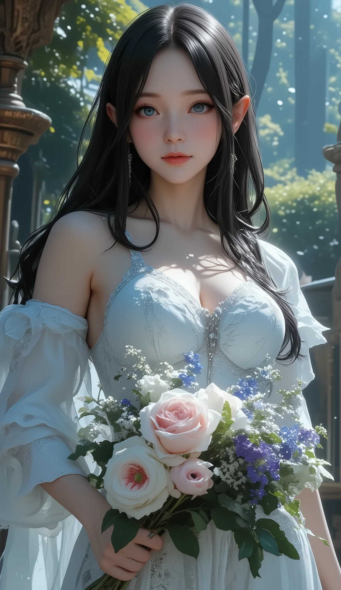 best quality , high image quality, 16k, unbelievably ridiculous , very well detailed, 2.5D, delicate and dynamic, Kiri Reina Female, seductive smile, pure white wedding dress , great style , bouquet, steampunk, dieselpunk , clock punk , Cyberpunk, glitter effect, (Busty、deep cleavage、)