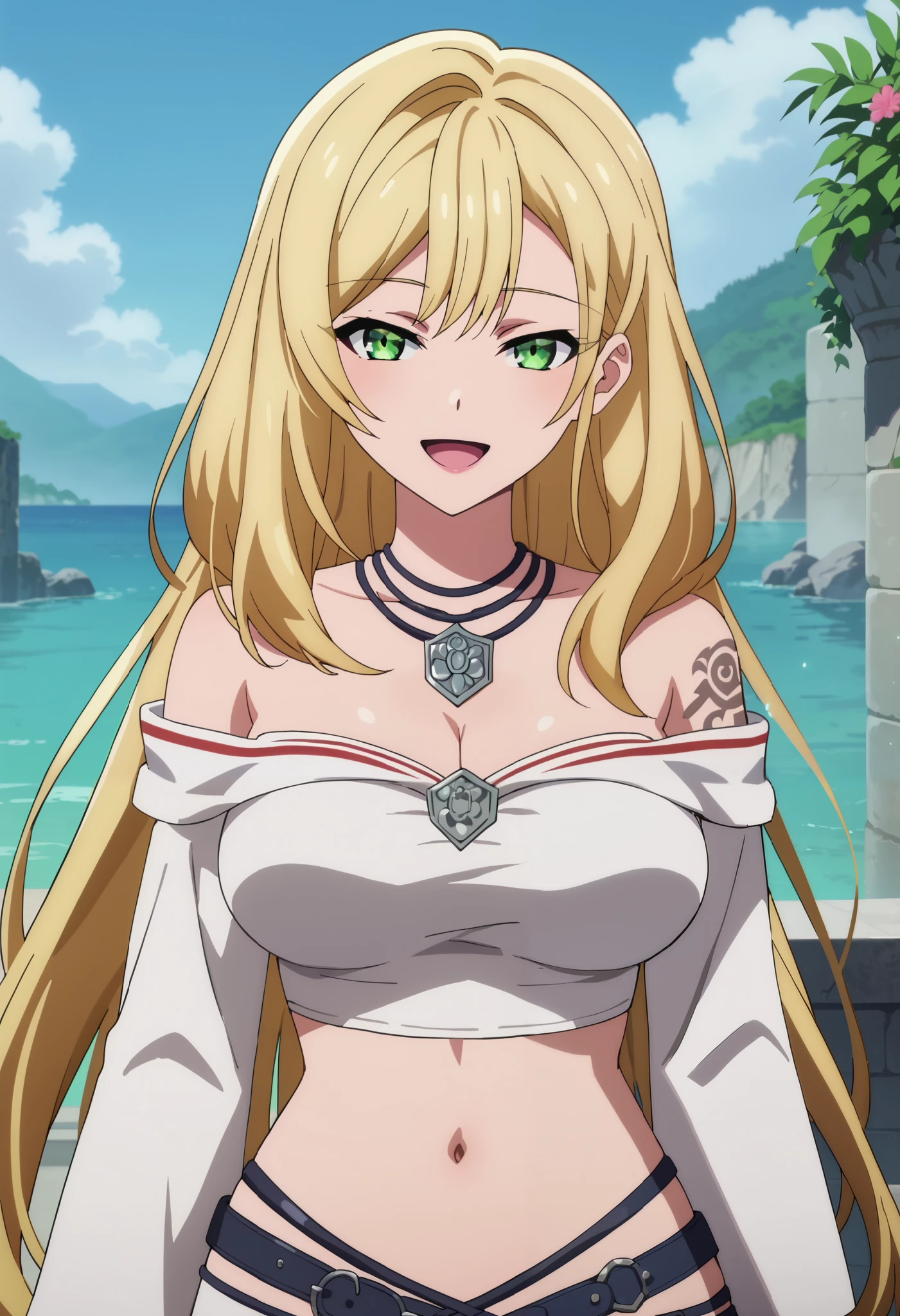 score_9, score_8_up, score_7_up, source_anime, rating_safe, intricate details, anime screencap, official style, 1girl, solo, lyra, blonde hair, green eyes, bare shoulders, jewelry, off shoulders, white dress, long sleeves, necklace, , smile, outdoor, looking at viewer, smile, cowboy shot, cleavage, large breasts, open mouth, navel , exposed belly, exposed navel, (nsfw) not safe for work, dragon tattoo, narrowed eyes, tattoo midriff,