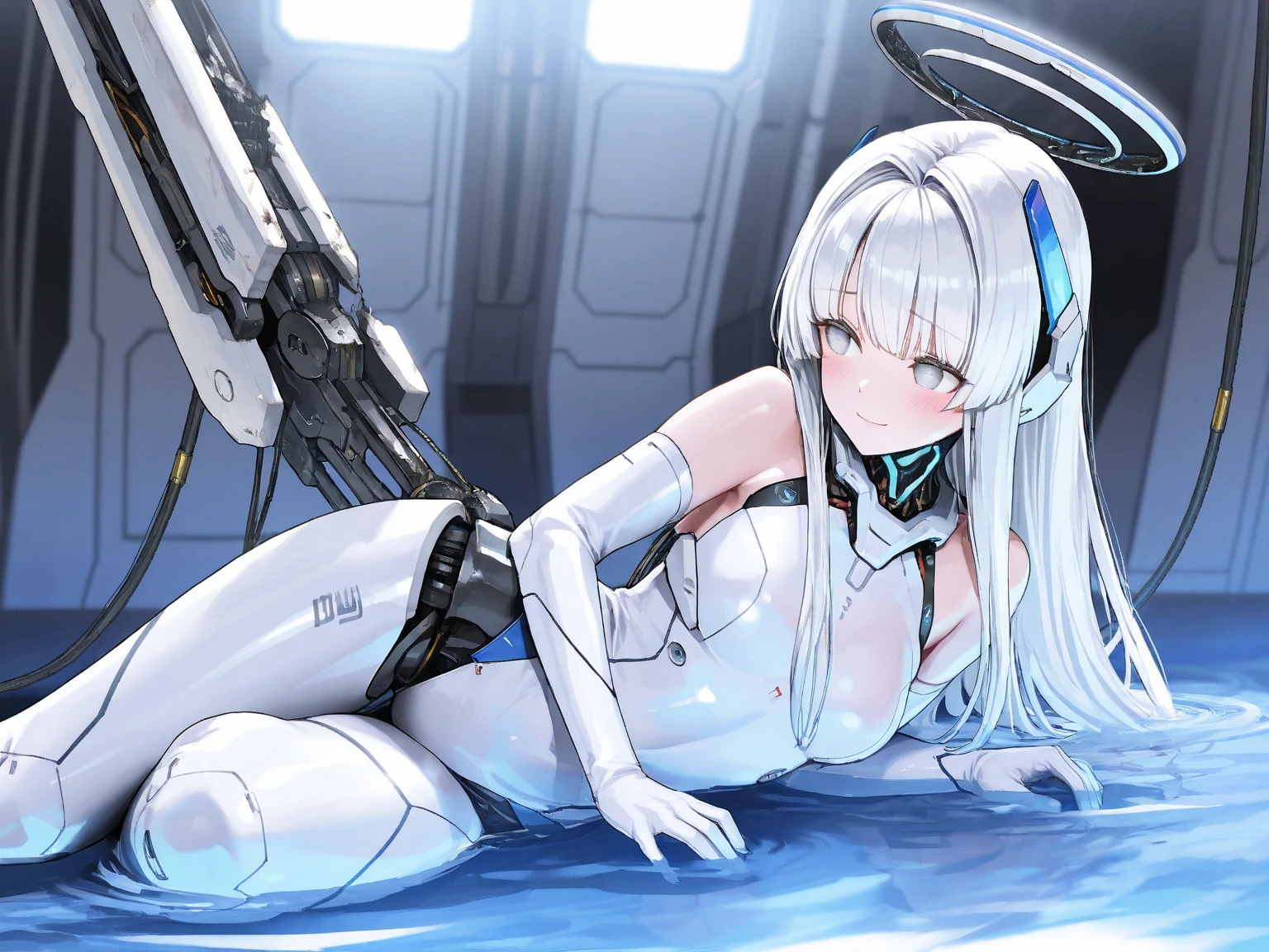 Kanzaki Ranko, silver hair, twin drills, naked, lying on the floor, nipples, legs spread in an M-shape, pussy being pounded from below with a thick rod with protrusions, arms hanging, legs restrained by a machine, armpits, mouth open and drooling, machine rape, blindfolded, rod inserted deep into vagina, drooling, small breasts, rod thrust into pussy