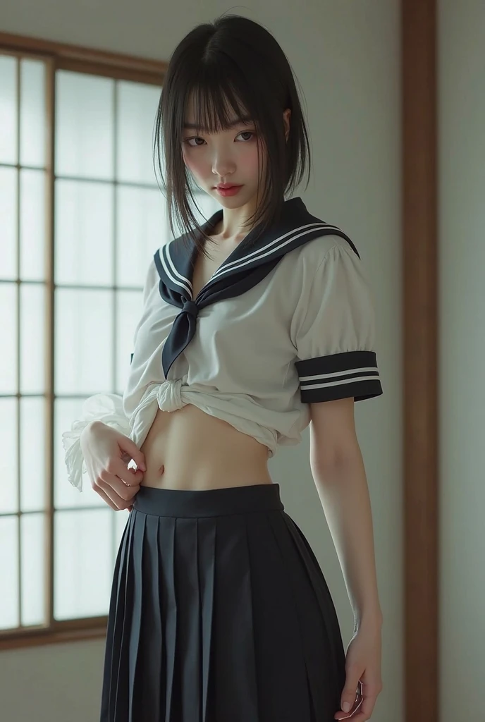 idol, from an angle,close-up,photo, film, depth of field, model, looking at viewer,1 girl,young,greeting,raise your hand,cute,no expression,uniform,((sailor colar)),(bottomless),((no panties)),((pussy)),no pubic hair,((female celft)),cool face,long sleeves,standing,indoors,holding note,school,slender,(((thin body))),(flat chest),visible navel,talking,(((thin thighs))),
