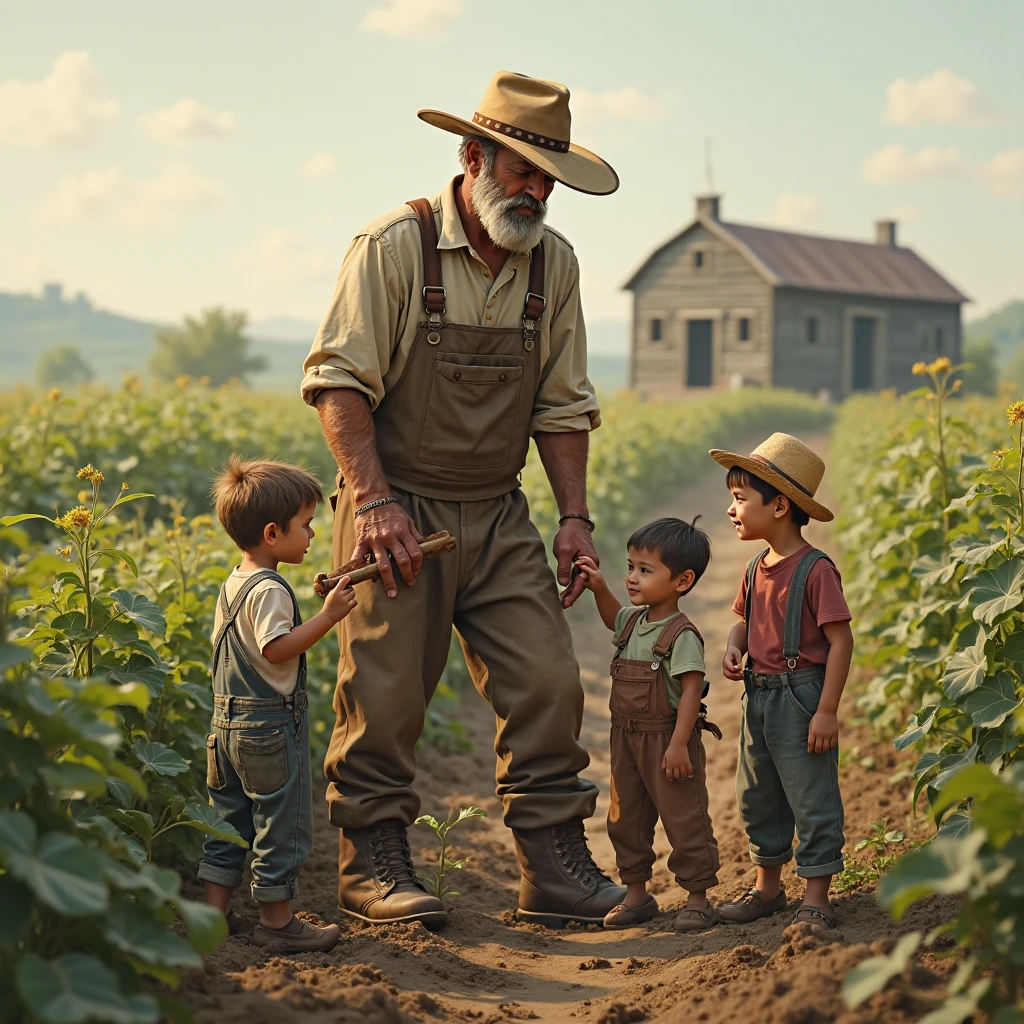 A farmer is working in his field, and his son is working behind him. Neither of them is wearing a shirt.