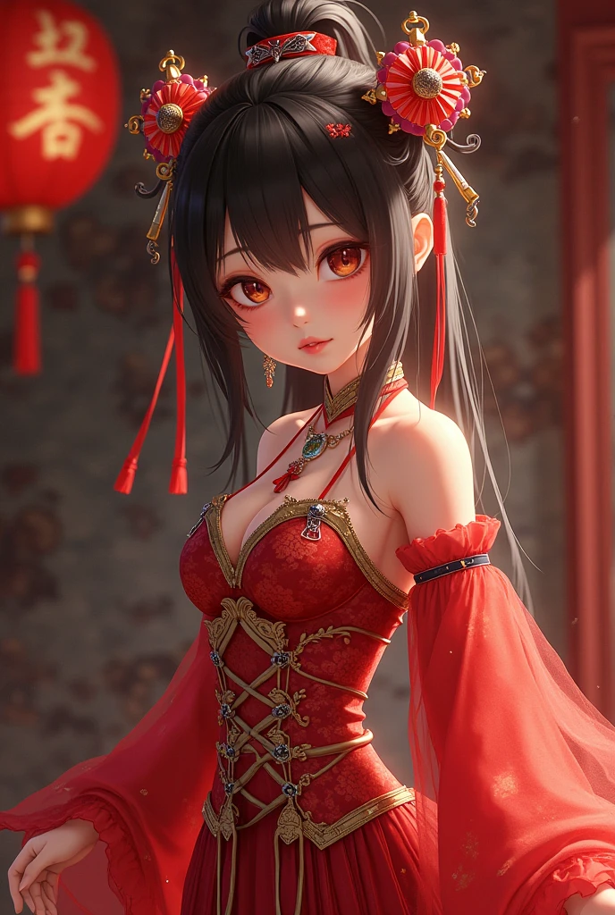 dress, chinese clothes, headwear, ofuda, jiangshi, qing guanmao, absurdres, RAW photo, extremely delicate and beautiful, masterpiece, Best Quality, ultra high resolution, 32k, hyperrealistic, ultra-detailed, detailed description, pale skin, 20 years old, tearful mole, earring, Colossal tits, short medium hair, wavy hair, evil grin, whole body shot,