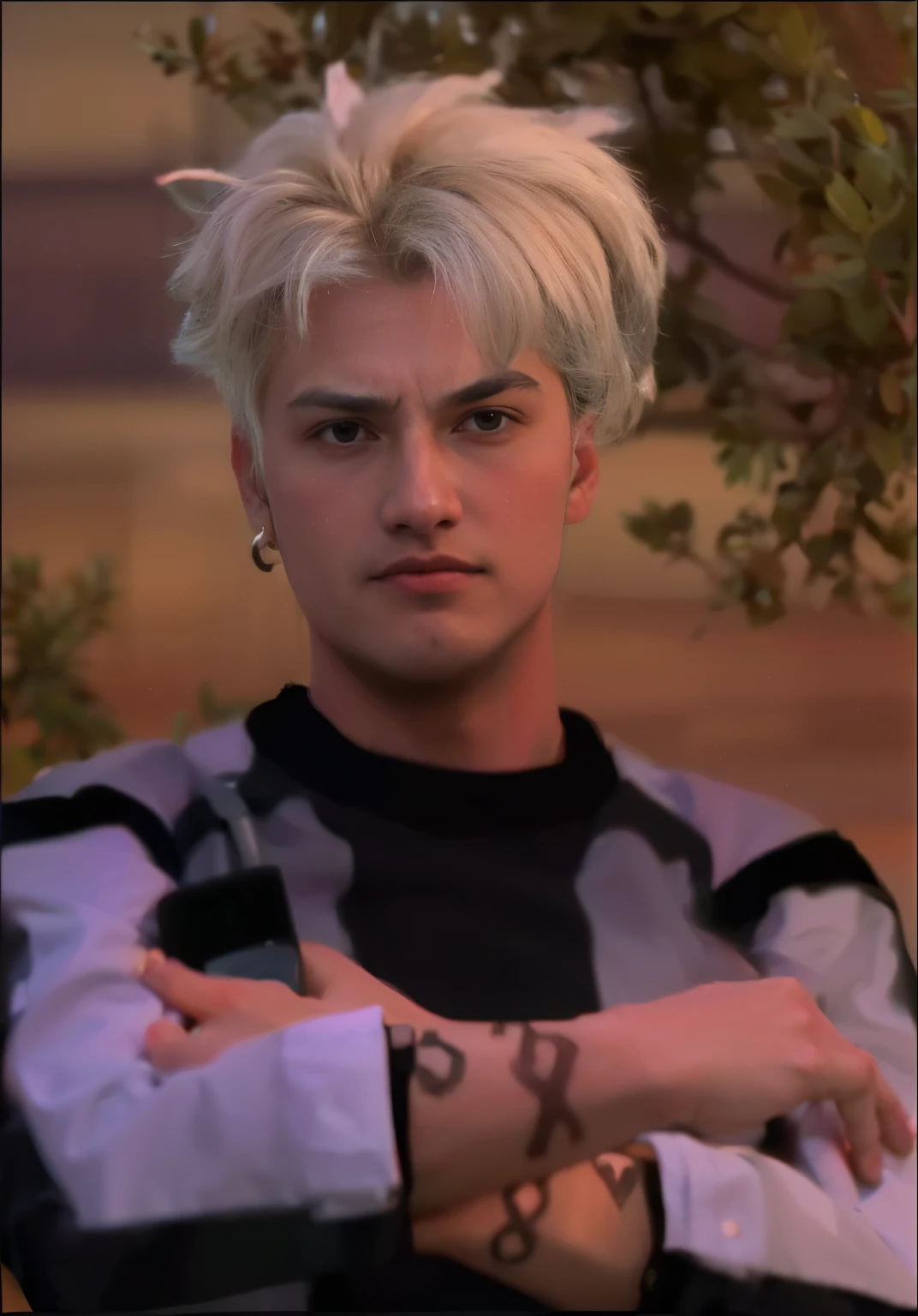 Create a powerful animation of a confident male character with platinum blonde, voluminous hair and tribal tattoos on his forearms. He holds a walkie-talkie in one hand, and with a sharp flick of his wrist, he brings it to his mouth as if issuing a command. His eyes narrow with focus, and his lips curl into a smirk. The sunset sky in the background glows with warm hues of orange, pink, and purple. As the wind blows through his hair, he lowers the walkie-talkie, crosses his arms, and leans back with an air of authority and calm readiness. His black and grey patterned shirt ripples slightly in the breeze, emphasizing his composed yet commanding presence.