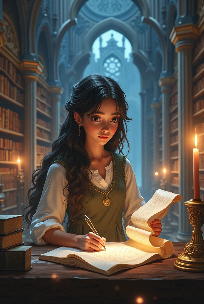 a girl reading an ancient scroll in the library of the castle,1girl,beautiful detailed eyes,beautiful detailed lips,extremely detailed eyes and face,longeyes lashes,hogwarts,magic,fantasy,intricate details,ornate decorations,chandelier overhead,dusty bookshelves,sunlight streaming through windows,dramatic lighting,rich colors,oil painting,digital art,highly detailed,photorealistic,8k,masterpiece,cinematic,dramatic