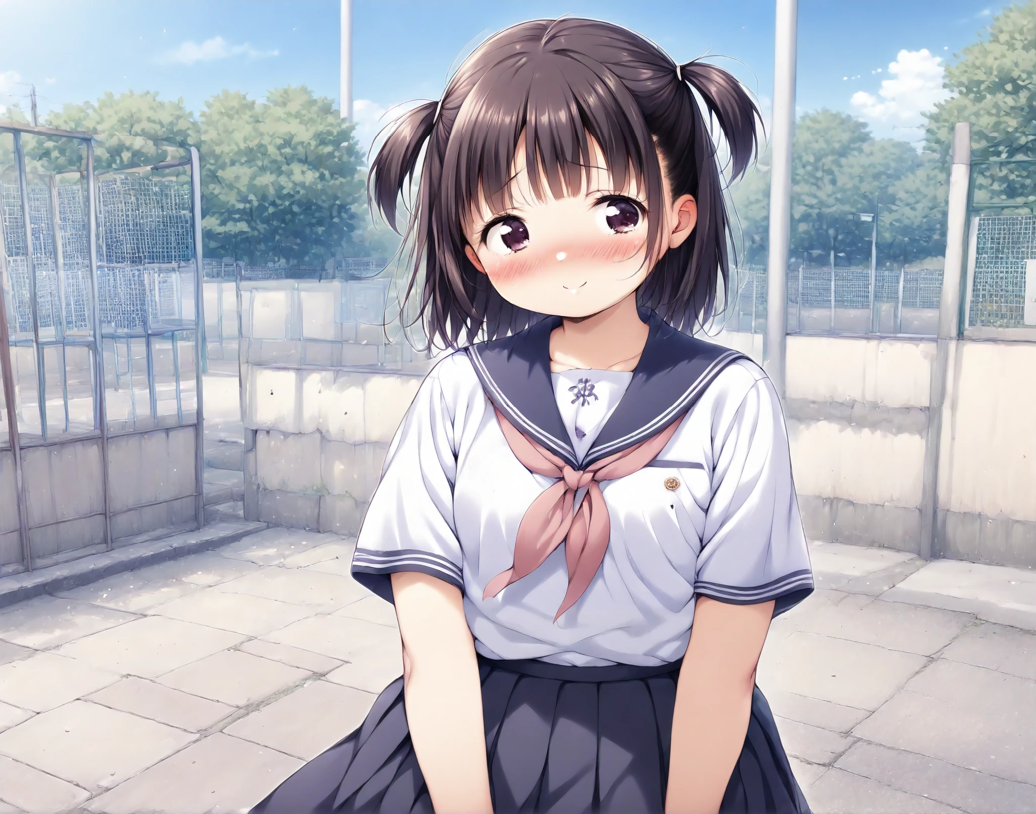 slightly chubby, 1 girl, short twin tails, Japanese, school uniforms, Hairstyle is short pigtails, looks embarrassed, is shy, my eyes are black, smile, under the blue sky, Schoolyard