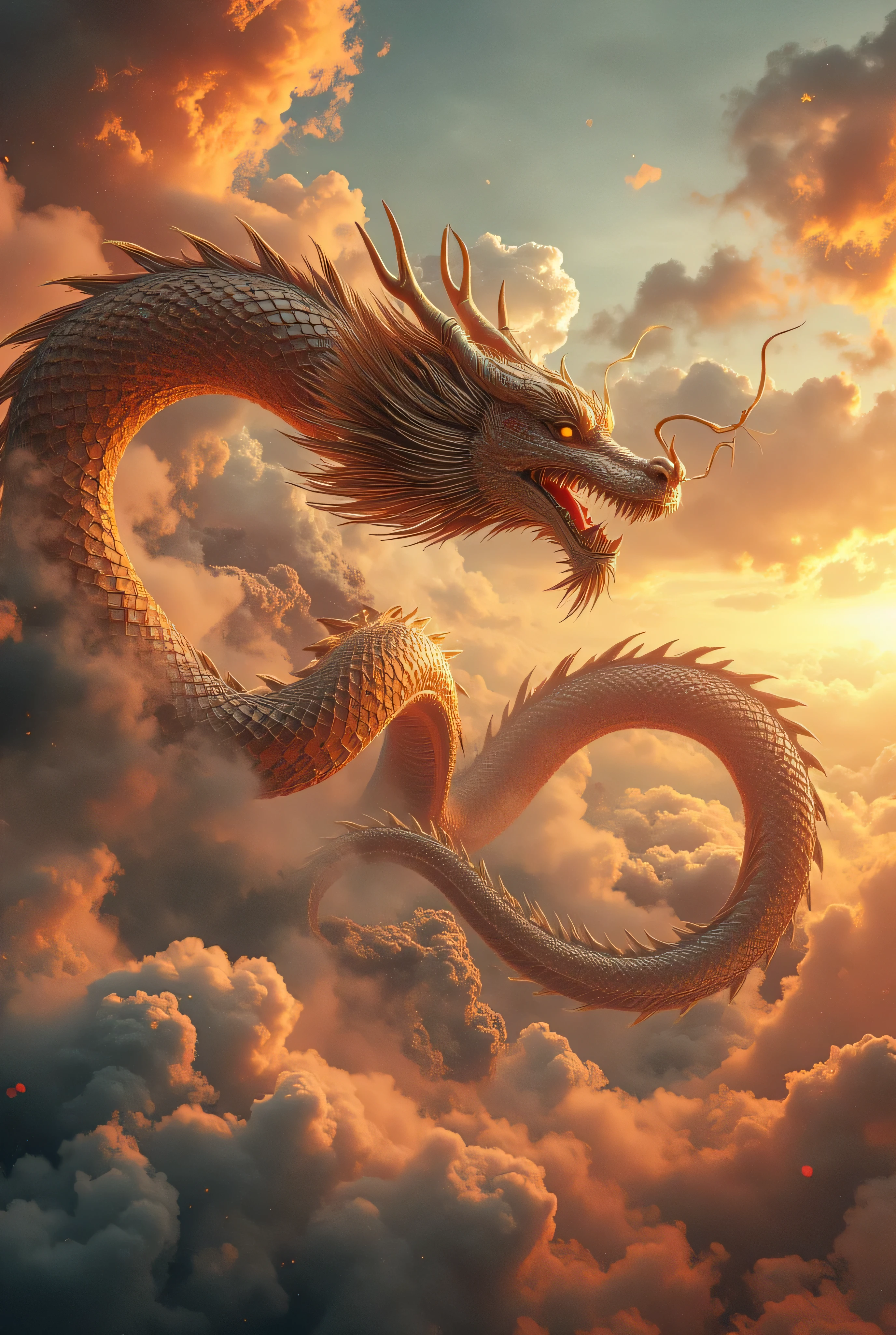 Create a Chinese dragon with its body forming the symbol of infinity, in a dystopian sky, among multicolored clouds, Maximum level of detail, very detailed scales, metal scales , chrome scales, Furta-Cor Scales, 4K, 8k, photograph ,