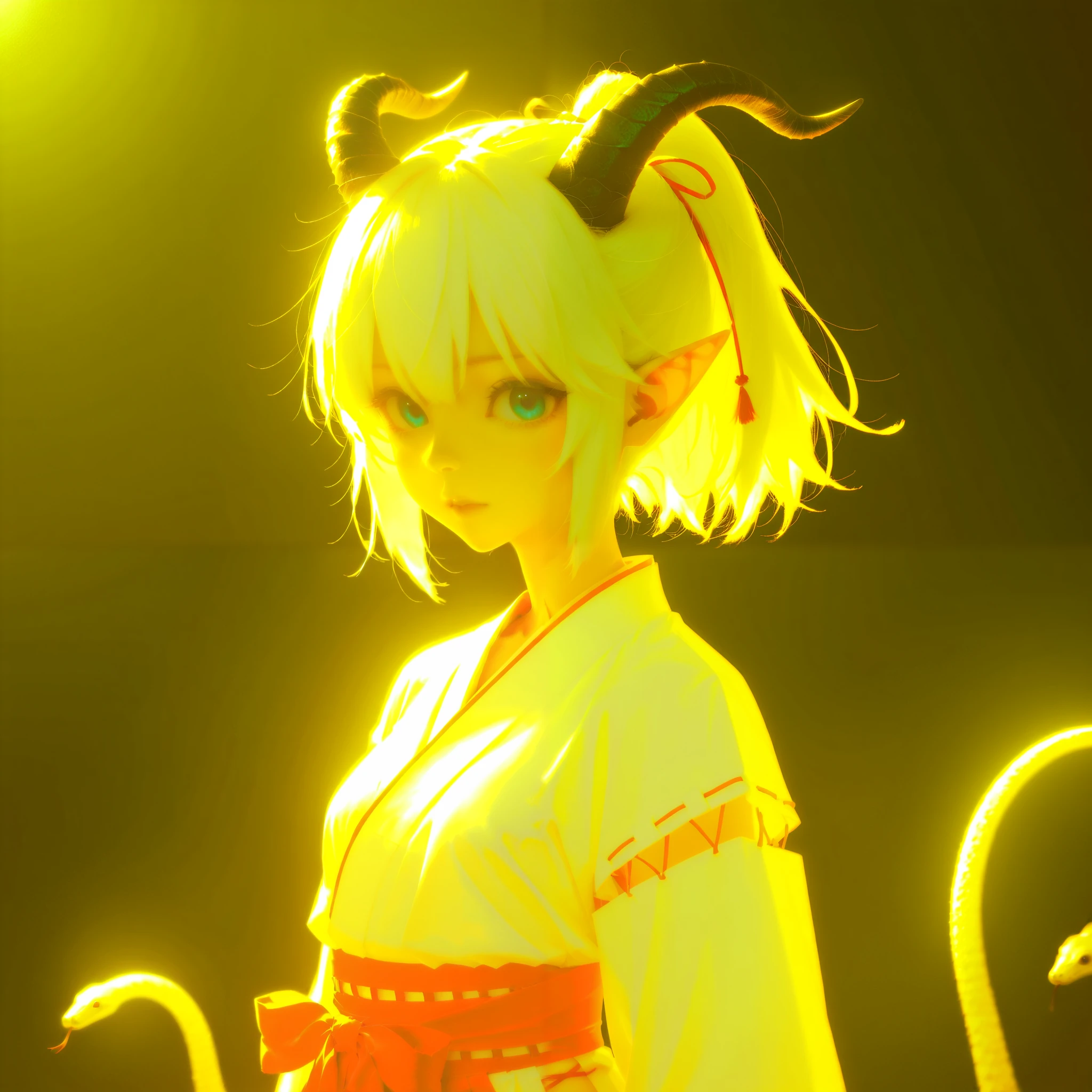 (best quality),(High Resolution),Dragon's Eye ,1 girl, short hair, blue eyes, o, Medium Chest, ponytail, white hair, Black Horns, pointed ears, goat horn , double pigtail, Alone,Snake's Eye,Miko costume