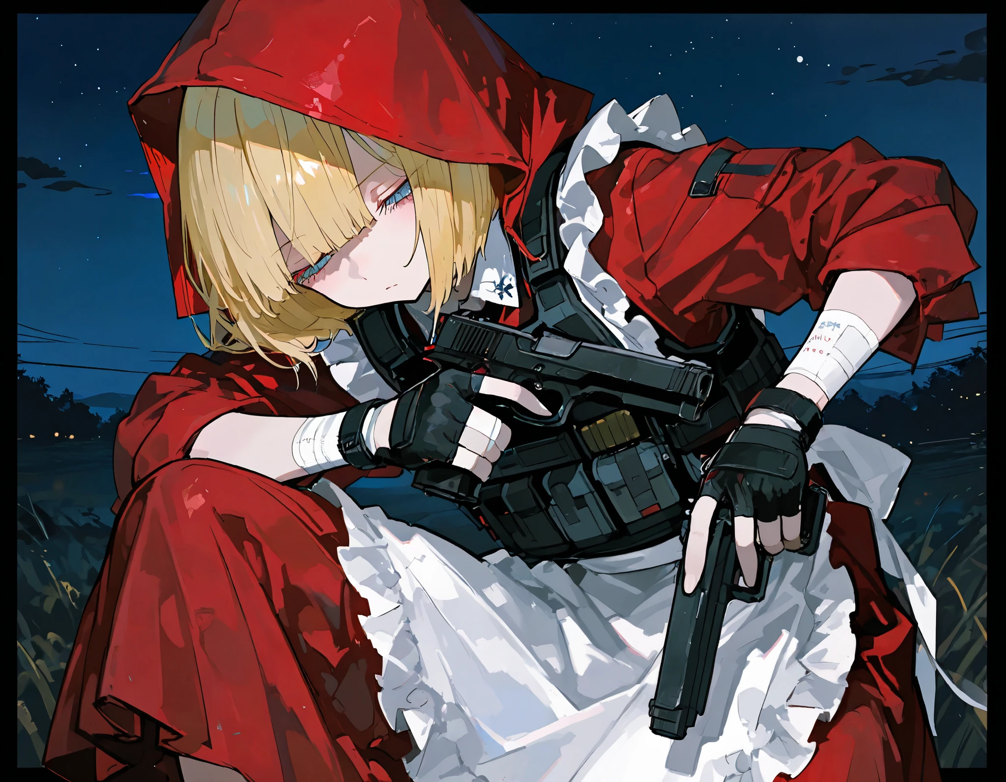 (best quality, highest quality:1.2), masterpiece, top quality, ultra high definition, rich contrasts, HD, 8k, High Definition CG Unit Wallpaper, texture, Unbelievably Absurd, ultra high definition, RAW photos, Deep border :1.2, very detailed, stylish pose,
1girl, solo, blonde hair, tired hair, red riding hood, dual handgun,
Expressionless, half closed eyes, slit pupils, light blue eyes, bangs, bob cut, long eyelash,
Tactical vest, (red maid dress, red long skirt, put on the hood:1.2), white frill, white long maid apron, black fingerless gloves, arm bandage, night sky,
score_9, score_8_up, score_8,source_anime,
