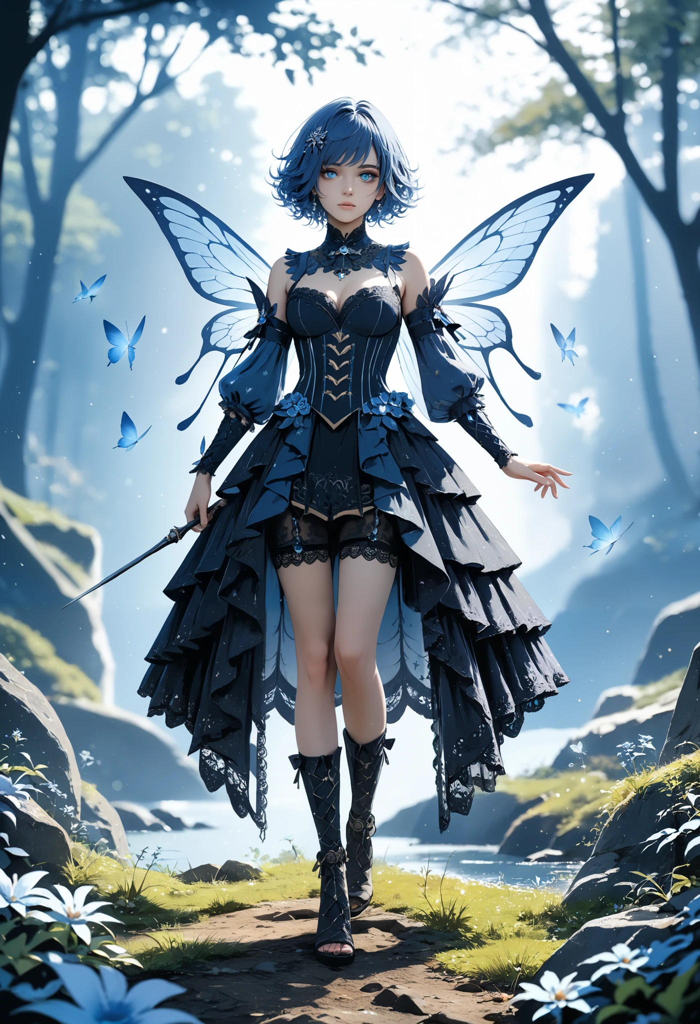 Pin-up Image, watercolor drawn artwork, high quality, hand drawing, fairy woman, Full Body shot, ultra detailed, perfect eyes, messy short wheat hair, in minuscule clothes from a black ribbons, luminism, billions of magic light particles, 8k resolution, in style of dark fantasy, fractal isometrics, details bioluminescence, Blurred background with modern steampunk elements, intricate details, Cinematic, natural pose, dark aesthetic, Depth of field